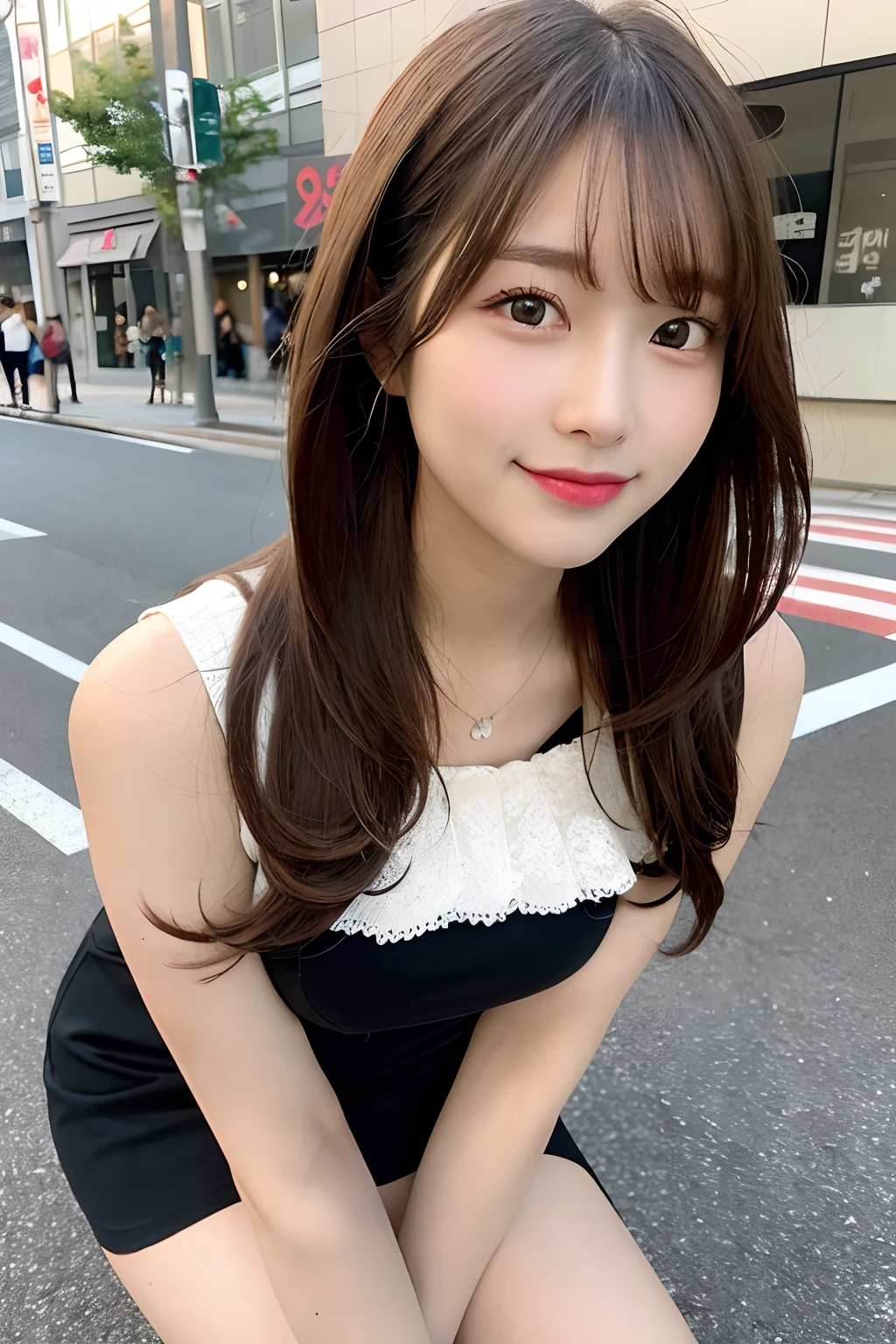 hight resolution, top-quality, Perfect dynamic composition, Beautiful detailed eyes, off shoulders、Radiant hair、Medium Hair, Natural Color Lip, college aged、Harajuku、A slight smil、Crouched figure、M-shaped legs