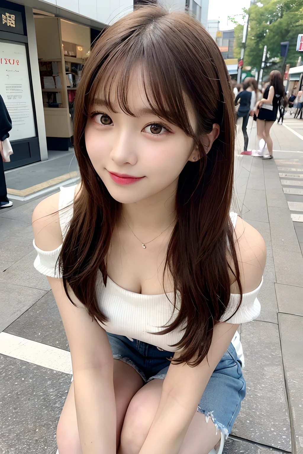 hight resolution, top-quality, Perfect dynamic composition, Beautiful detailed eyes, off shoulders、Radiant hair、Medium Hair, Natural Color Lip, college aged、Harajuku、A slight smil、Crouched figure、M-shaped legs