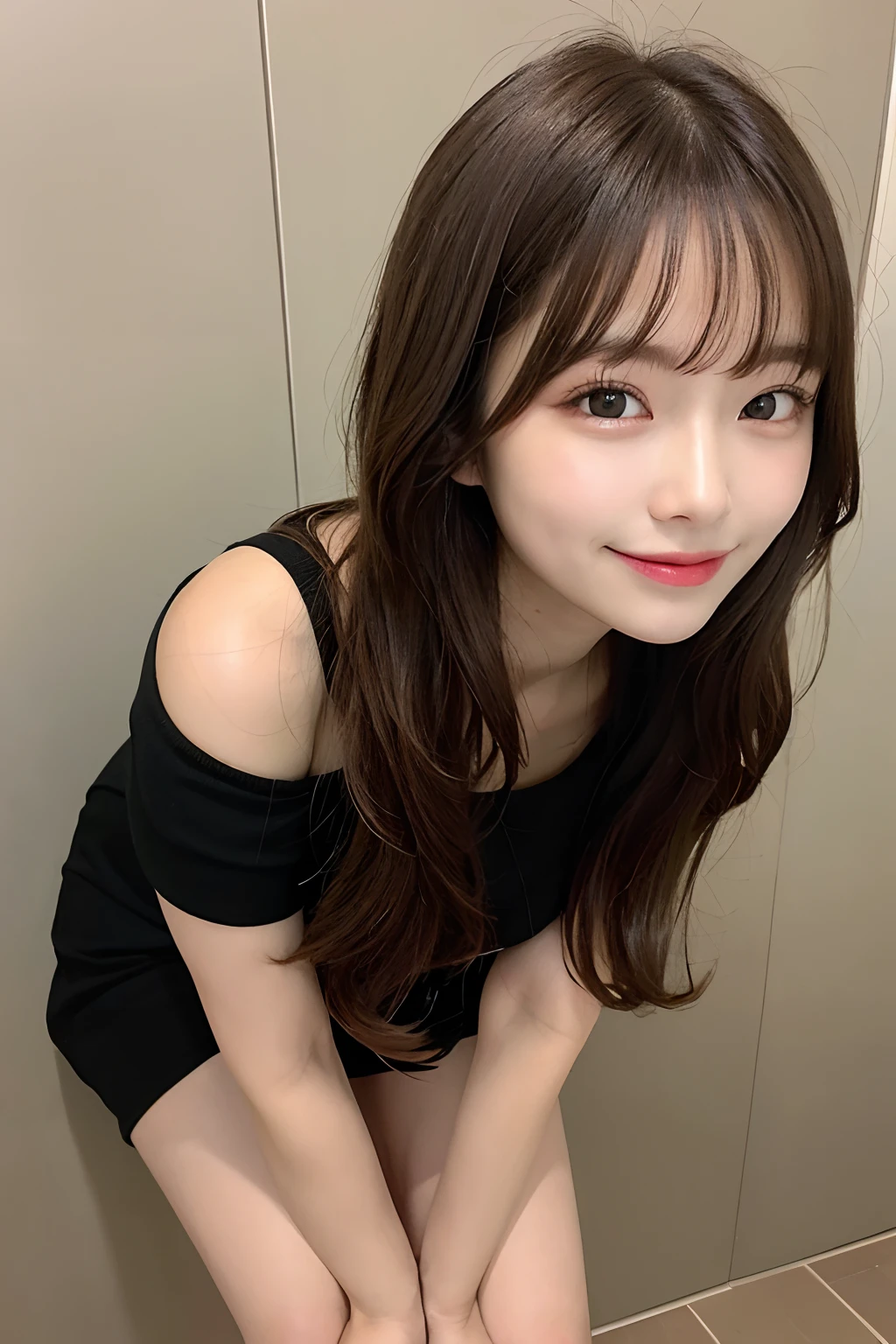 hight resolution, top-quality, Perfect dynamic composition, Beautiful detailed eyes, off shoulders、Radiant hair、Medium Hair, Natural Color Lip, college aged、Harajuku、A slight smil、Crouched figure、M-shaped legs