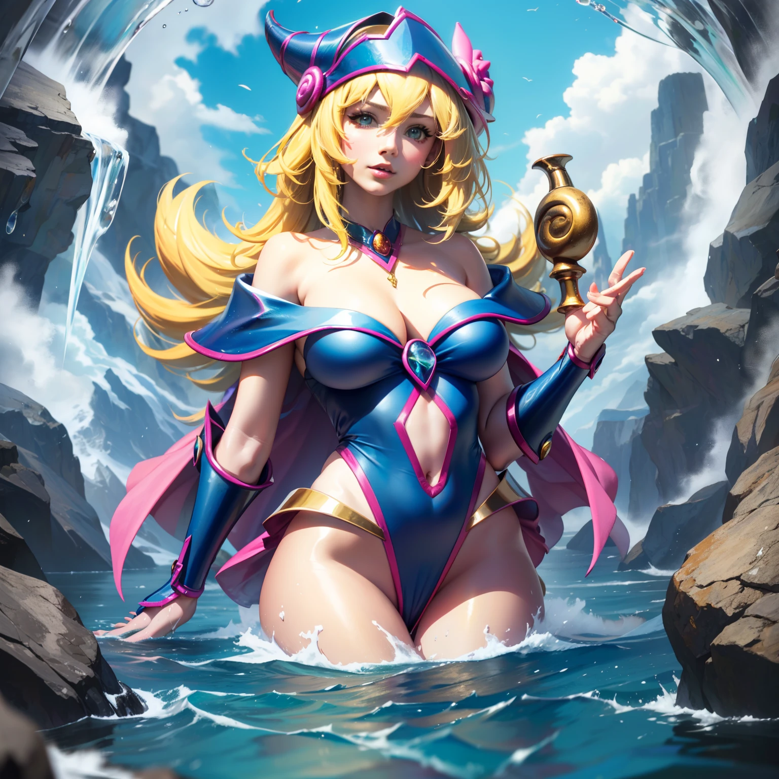 Arte Oficial、obra maestra、Modelado extremadamente delicado、highest qualityr、Fotorrealista、Imagen 8k、HiQuality、Mujer parecida a una diosa parada en la superficie del agua、fantasy、Ondas en la superficie del agua、Estilo perfecto、Vista trasera nudista、Artistically & Craftsmanship