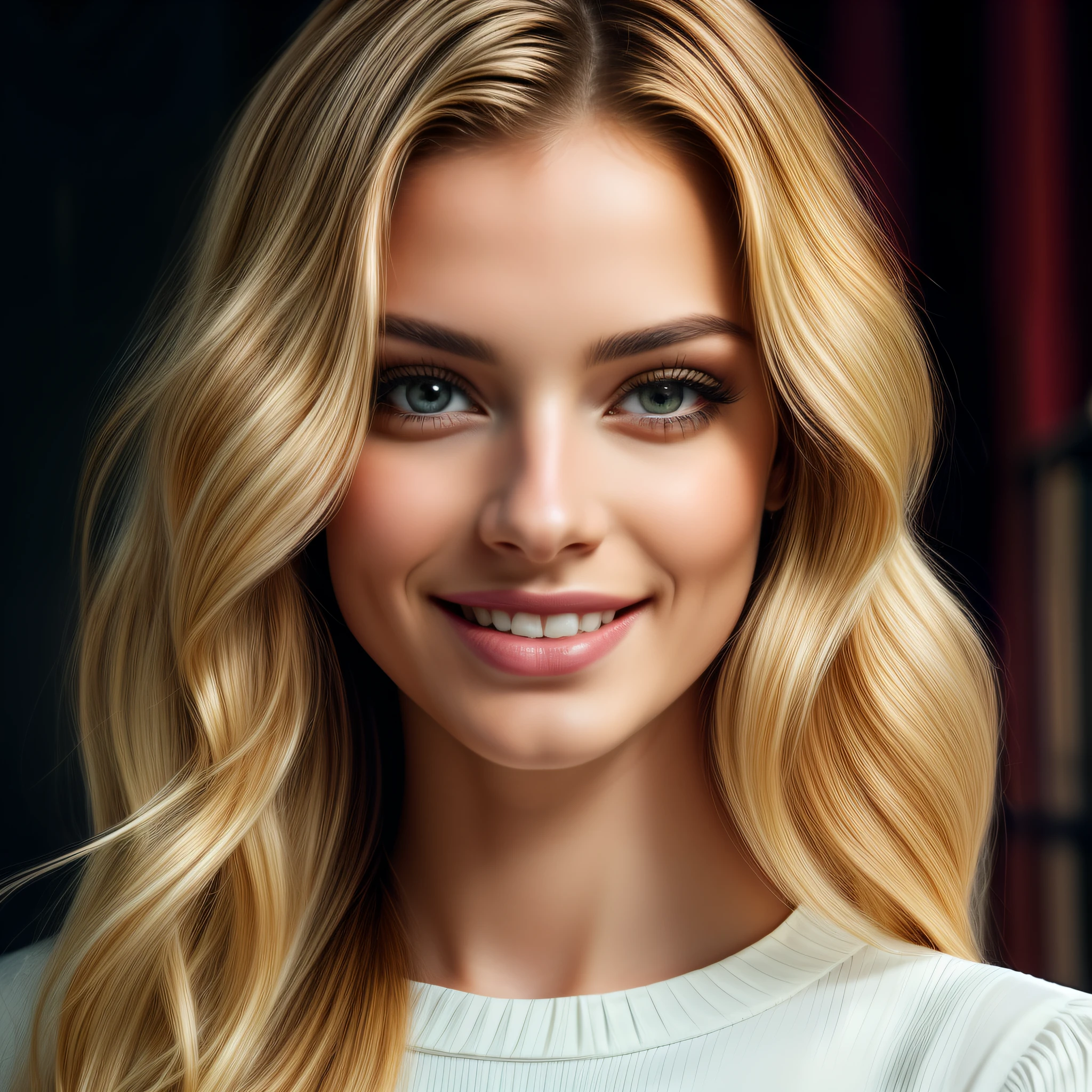 (Masterpiece), (Realistic), (Ultra realistic), (best quality), (8K), ultra-detailed, UHD, RAW, beautiful+cute+feminine, mature woman, Cheryl Cole:0.3, Camilla Luddington:0.2, 40 years woman, (very cute woman), extremely cute 40 years mature woman, (most beautiful woman), most beautiful (cute round feminine) cheeks, round face, (realistic short wavy (blonde) hair), ((realistic blue_eyes)), (realistic ultra-detailed beautiful almond eyes), round eyebrows, beautiful rounded chin, black eyeliner, (transparent red lipstick), happy expression, (wearing a pencil-skirt and a shirt), white_studio photoshoot, white_backdrop