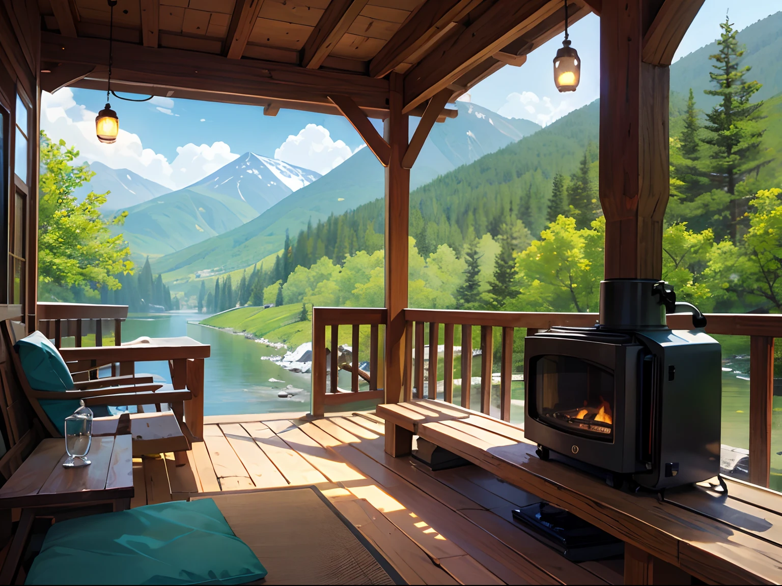 masterpiece, 1 dog on A cozy, rustic mountain cabin with a view of a tranquil river, nature, solo, cartoon style