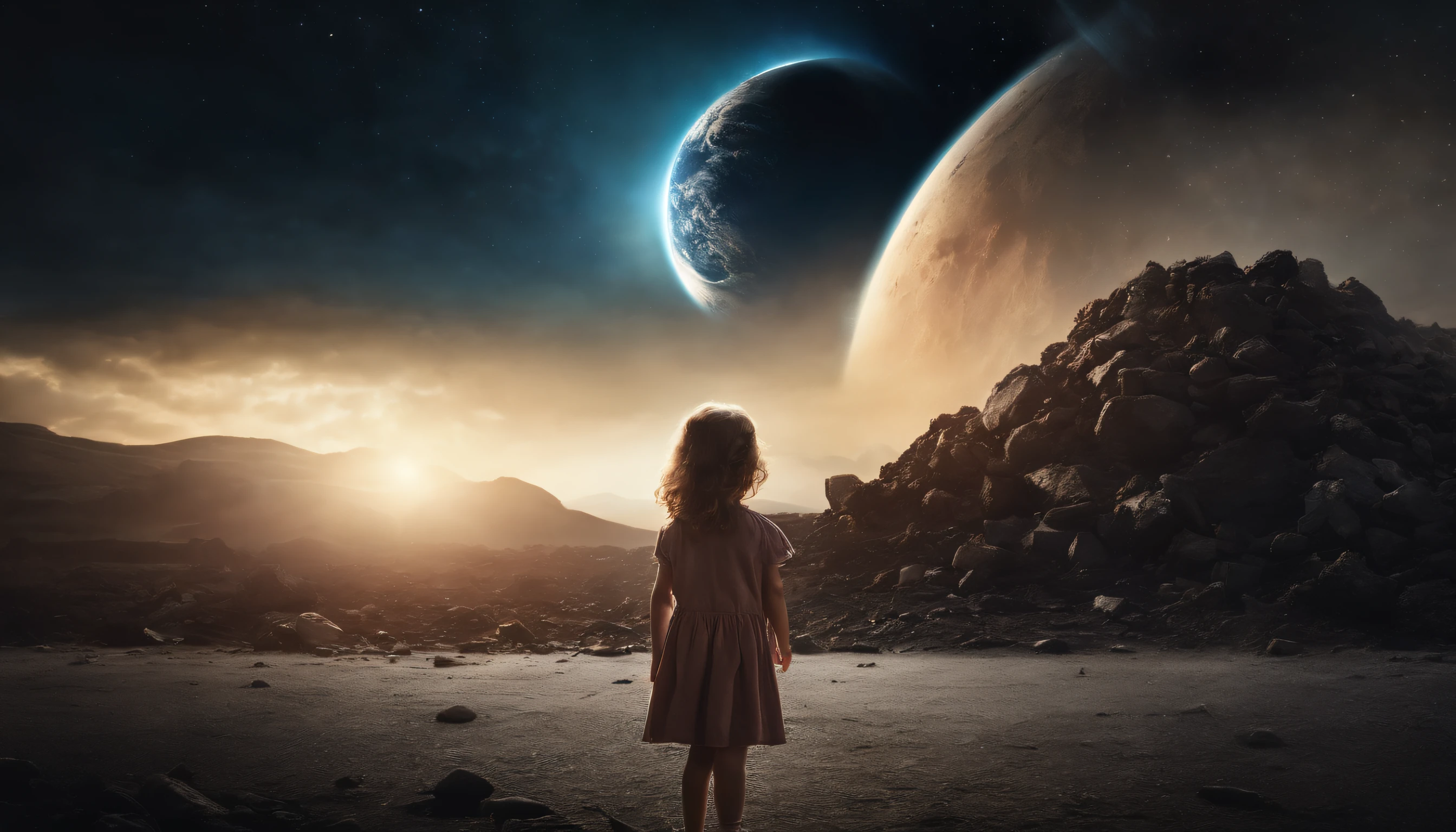 Create an Amazing Realistic and Cinematic Poster, On the poster is a girl standing and looking into the distance at a comet that is about to hit an already destroyed Earth