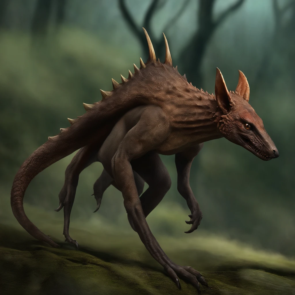 The chupacabra is a mythical creature steeped in mystery and fear. Standing at about the size of a medium-sized dog, it has a hunched posture, with long, sinewy limbs that end in sharp, clawed fingers. Its skin is rough and scaly, reminiscent of reptilian scales, and ranges in color from a sickly grayish-green to a deep, mottled brown.

The chupacabra's most striking feature is its head, which is elongated and narrow, ending in a pointed snout filled with rows of needle-like teeth. Glowing, predatory eyes, often described as fiery red or yellow, gleam with an otherworldly intelligence. Its ears are bat-like and sit flat against its head, twitching at the slightest sound.

A row of spines runs down the creature's back, starting from the base of its skull and tapering off towards the tail. The tail itself is long and whip-like, ending in a sharp, barbed tip. The chupacabra's hind legs are muscular and digitigrade, giving it a predatory, agile stance, while its front limbs are slightly shorter but no less powerful.

This creature moves with a disturbing grace, its movements both swift and stealthy. It is often depicted in a crouched position, ready to pounce on unsuspecting prey. The chupacabra is known for its thirst for blood, especially that of livestock, and its eerie, almost supernatural ability to drain its victims completely of their life essence, leaving behind a trail of mystery and terror.