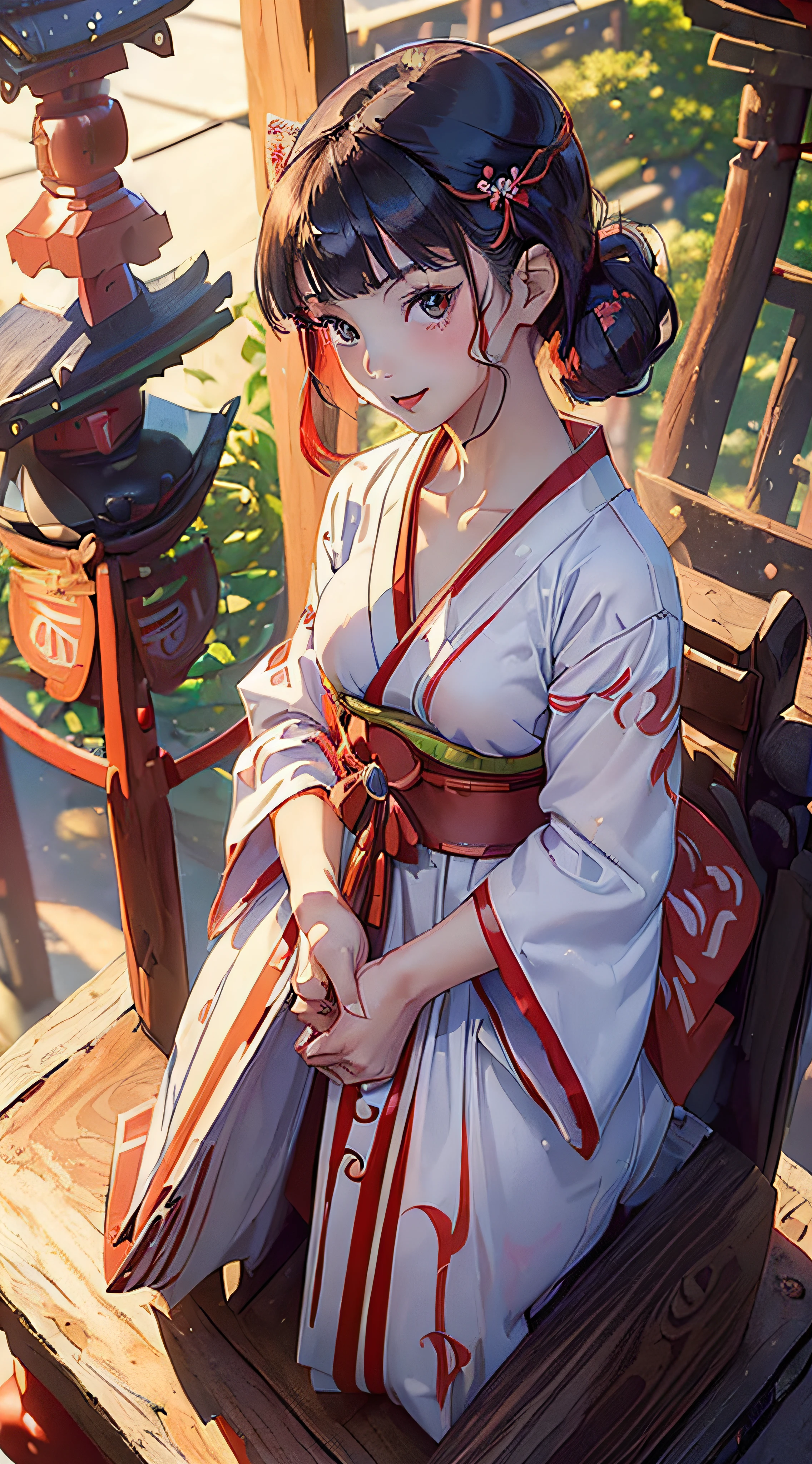 (Japan Beauty、shrine maiden、20yr old、Beautuful Women:1.5、cute little:2、spotless、g-cup:1.5)、(Write、a smile、Slightly red cheeks)