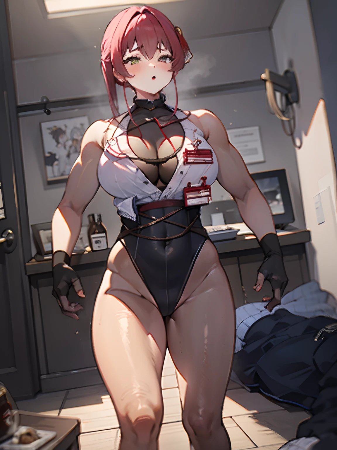 ((masterpiece)), ((best quality)), Hoshou Marine, sexy, cleavage, huge breasts, big thicc, luxury eyes, super saiyan, muscle woman body