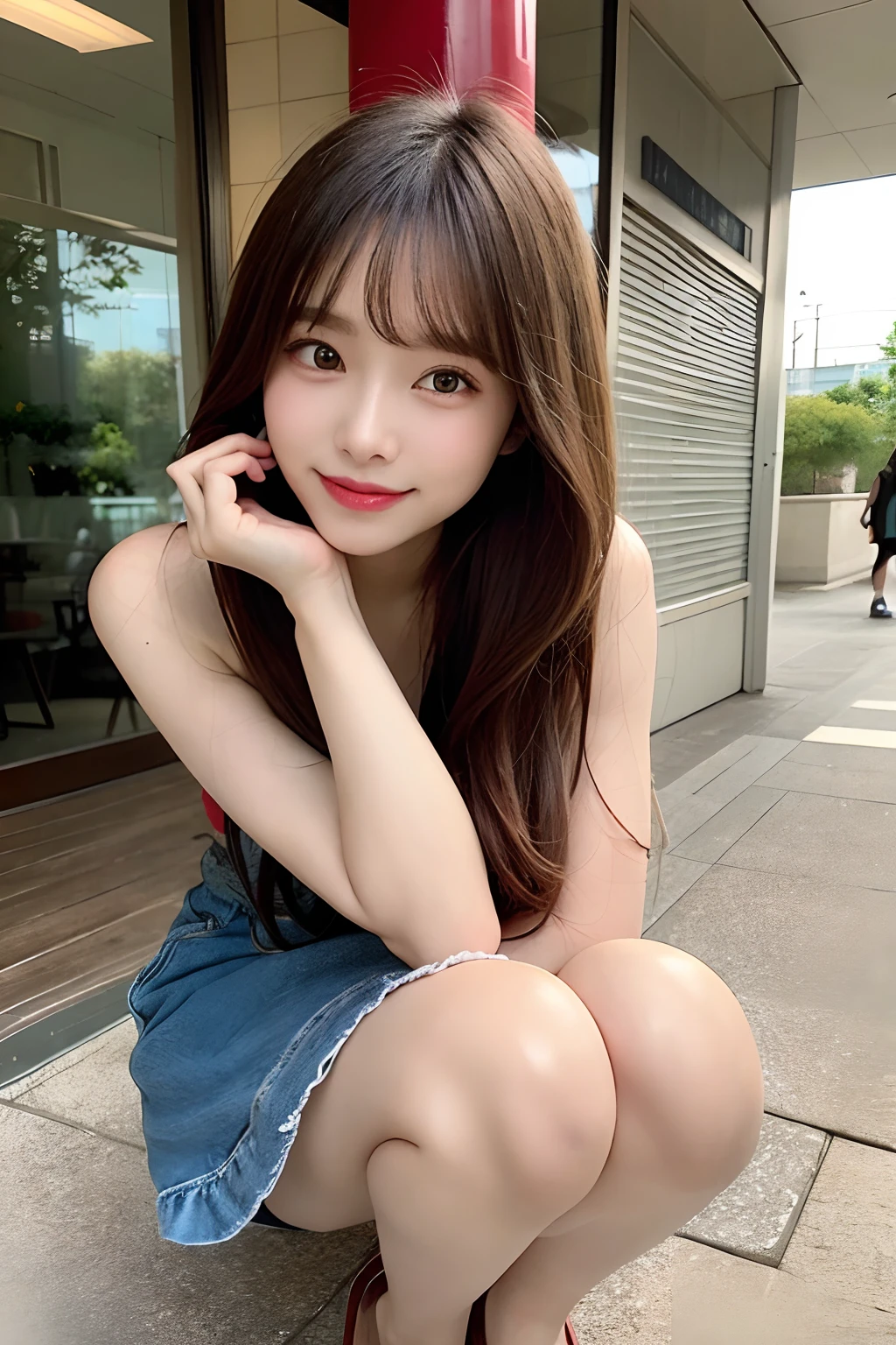 hight resolution, top-quality, Perfect dynamic composition, Beautiful detailed eyes, off shoulders、Radiant hair、Medium Hair, Natural Color Lip, college aged、Harajuku、A slight smil、Crouched figure、M-shaped legs