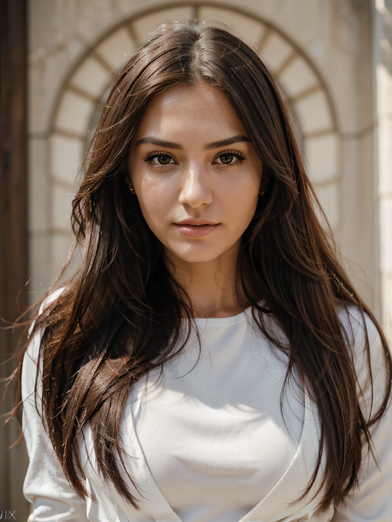arafed woman, attractive long grown hair woman, Perfect Facial Features is a photo portrait of a woman with a hyperrealistic, ideal upper body, Fujifilm X-T3, 1/1250sec at f/2.8, ISO 160, 84mm, 36dd. cleavage