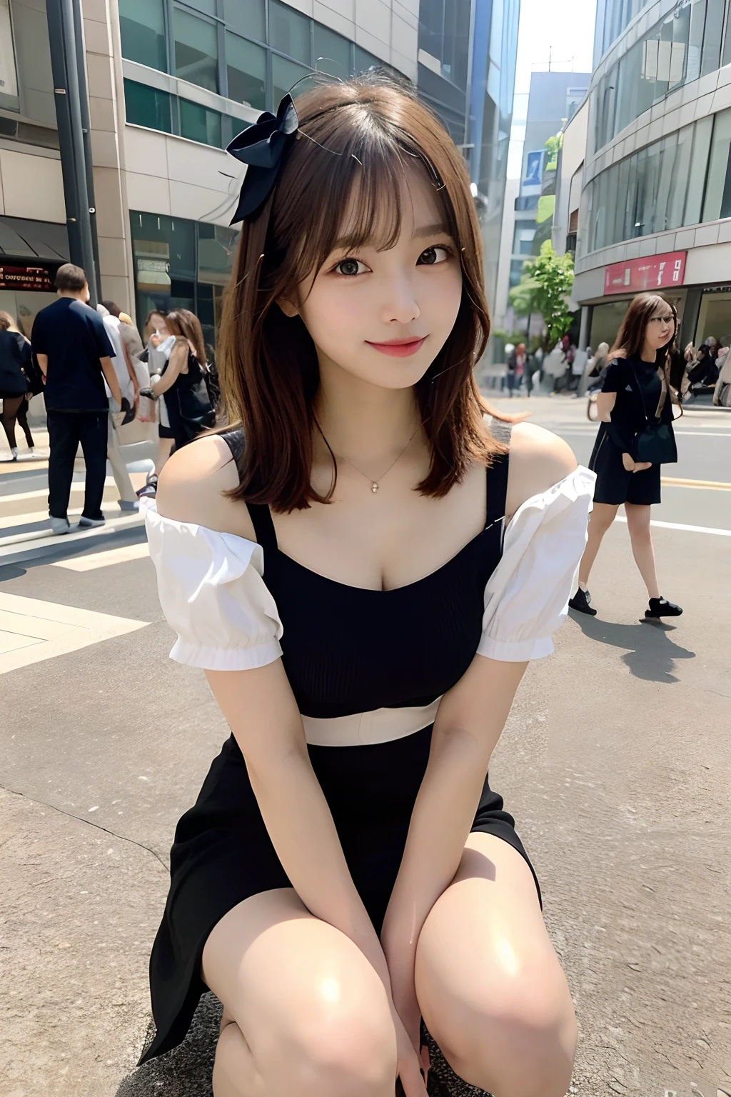 hight resolution, top-quality, Perfect dynamic composition, Beautiful detailed eyes, off shoulders、Radiant hair、Medium Hair, Natural Color Lip, college aged、Harajuku、A slight smil、Crouched figure、M-shaped legs