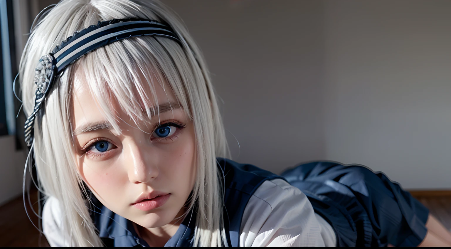 shirogane_kei, kei1, school uniform, hairband, frilly hairband, white hair, black hairband, shirt, blue shirt, blue eyes, extremely beautiful face, exquisite face, beauty
