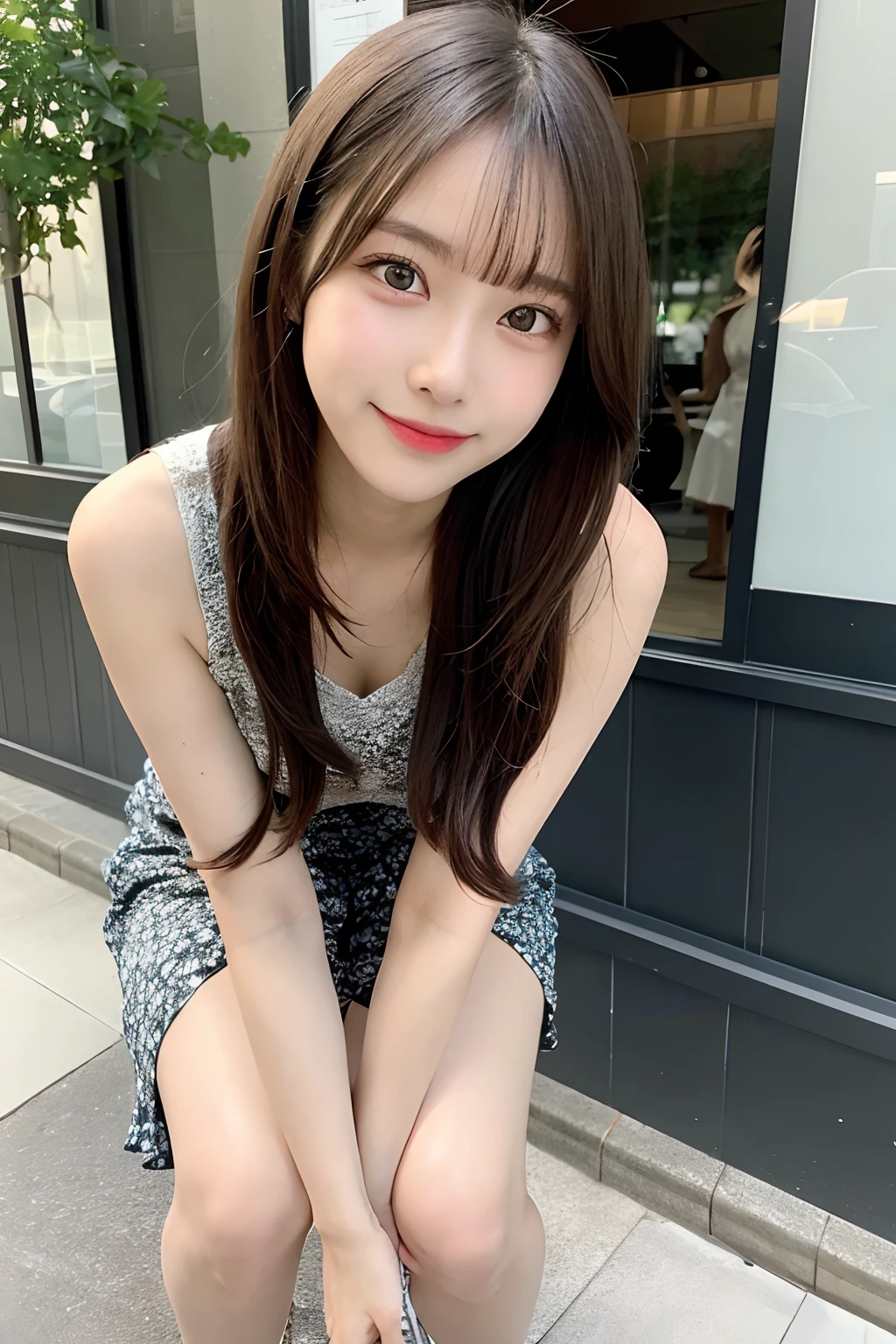 hight resolution, top-quality, Perfect dynamic composition, Beautiful detailed eyes, off shoulders、Radiant hair、Medium Hair, Natural Color Lip, college aged、Harajuku、A slight smil、Crouched figure、M-shaped legs