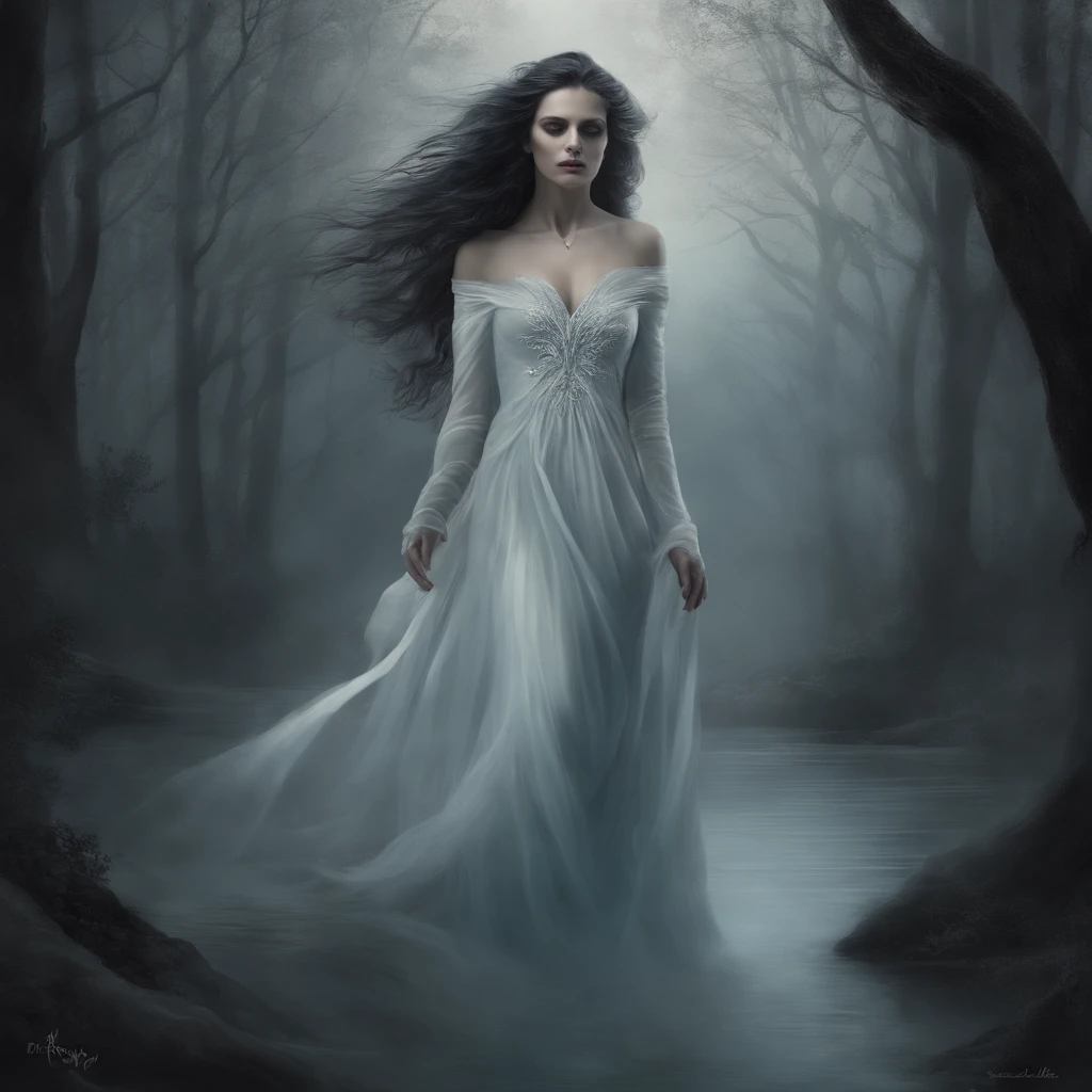 The banshee, a harbinger of death, is a spectral figure with an ethereal presence. Her form is that of a woman, her features both hauntingly beautiful and deeply mournful. She wears a flowing, tattered gown, the color of mist, that billows around her as if blown by an unseen wind. Her hair, as pale as the moonlight, cascades down her back in wild, unkempt waves.

The banshee's eyes are pools of endless sorrow, shimmering with an otherworldly light. They are a pale, icy blue, almost translucent, and they seem to pierce through the darkness with an intense gaze. Her skin, as pale as alabaster, is smooth and cold to the touch, giving her an otherworldly aura.

Her mouth, frozen in a perpetual scream, opens wide to reveal rows of sharp, gleaming teeth. When she speaks, her voice is a mournful wail, echoing with the grief of a thousand lost souls. Her cries are said to chill the bones of those who hear them, sending shivers down their spines.

The banshee hovers just above the ground, her feet never quite touching the earth. She moves with an eerie grace, her steps silent and deliberate. In her skeletal hands, she clutches a silver comb, which she uses to comb her long, pale hair. Legend has it that when she stops to comb her hair, tragedy is certain to befall those who hear her mournful cries.

Her presence is often accompanied by a sense of dread, and those who encounter her instinctively know that her appearance foretells death. She is a creature of the night, a symbol of both mourning and warning, and her mournful wails are said to echo through the foggy moors, striking fear into the hearts of all who hear them.