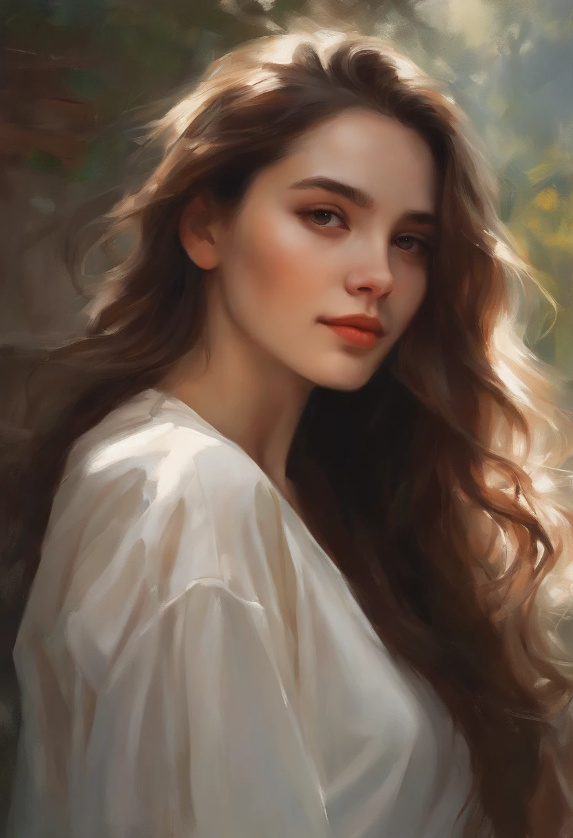 A painting of a woman with long hair and a white shirt - SeaArt AI