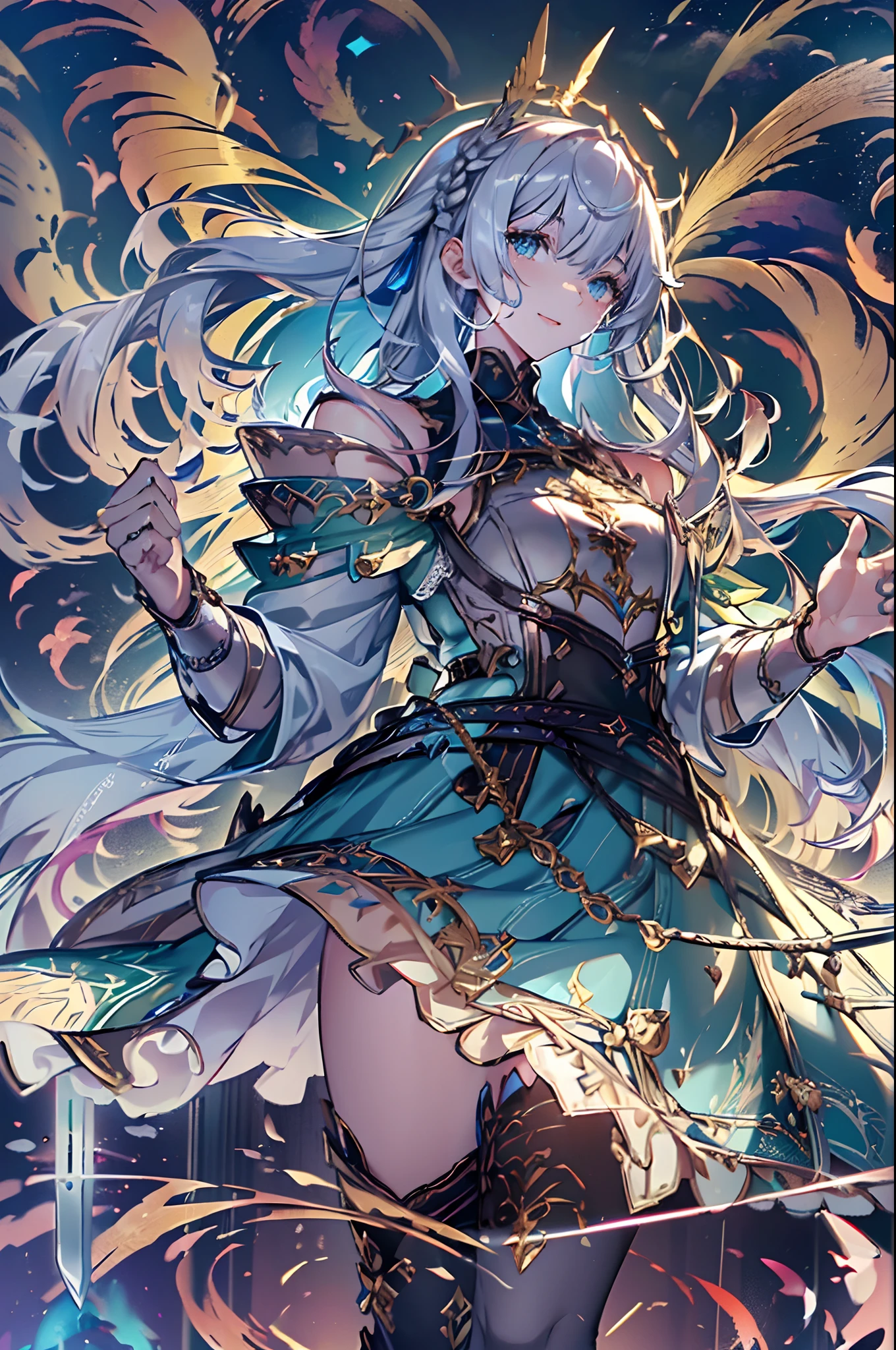 (Official art、Best Quality、Unity 8k Wallpapers、32K、masterpiece、ultra-detailliert、超A high resolution、The best illustrations、Very ridiculous:1.2)、(Cinematic lighting:1.2)、Fireglow effect、film grains、Best Shadows、Rim lighting、side lights、(Ultra-detailed and complex 3D rendering)、Detailed beautiful face and eyes、Sharp pupils、Realistic pupils、A slender、1Man Woman、Medium bust、(Full body:1.2)、 beauitful face、16-year-old beautiful girl、(super detailed skin、detailed skin textures:1.3)、(silver blond、Blue-silver hair:1.3)、Paladin、Longhaire、Blunt bangs、Green eyes、3 braids in 1 bunch、(Blue Armor、Blue Boots、Blue helmet、Jeweled、Gold embroidery)、A slender、a miniskirt、(thighs thighs thighs thighs:0.8)、(chies、in a house、Artistic stained glass、Large pipe organ、Hello Point、Mystical、a lot of feathers float、angelicales、Wings of an angel on the back、Particles of light、solemnity、Sunlight is、colourfull、Fantastical:1.2)、(Fantastical:1.3)、(Holding the Holy Sword:1.0)、Fantastical、Smile with open mouth