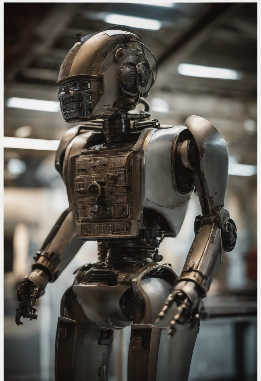 robot built with parts from a music studio, the body color is metallic