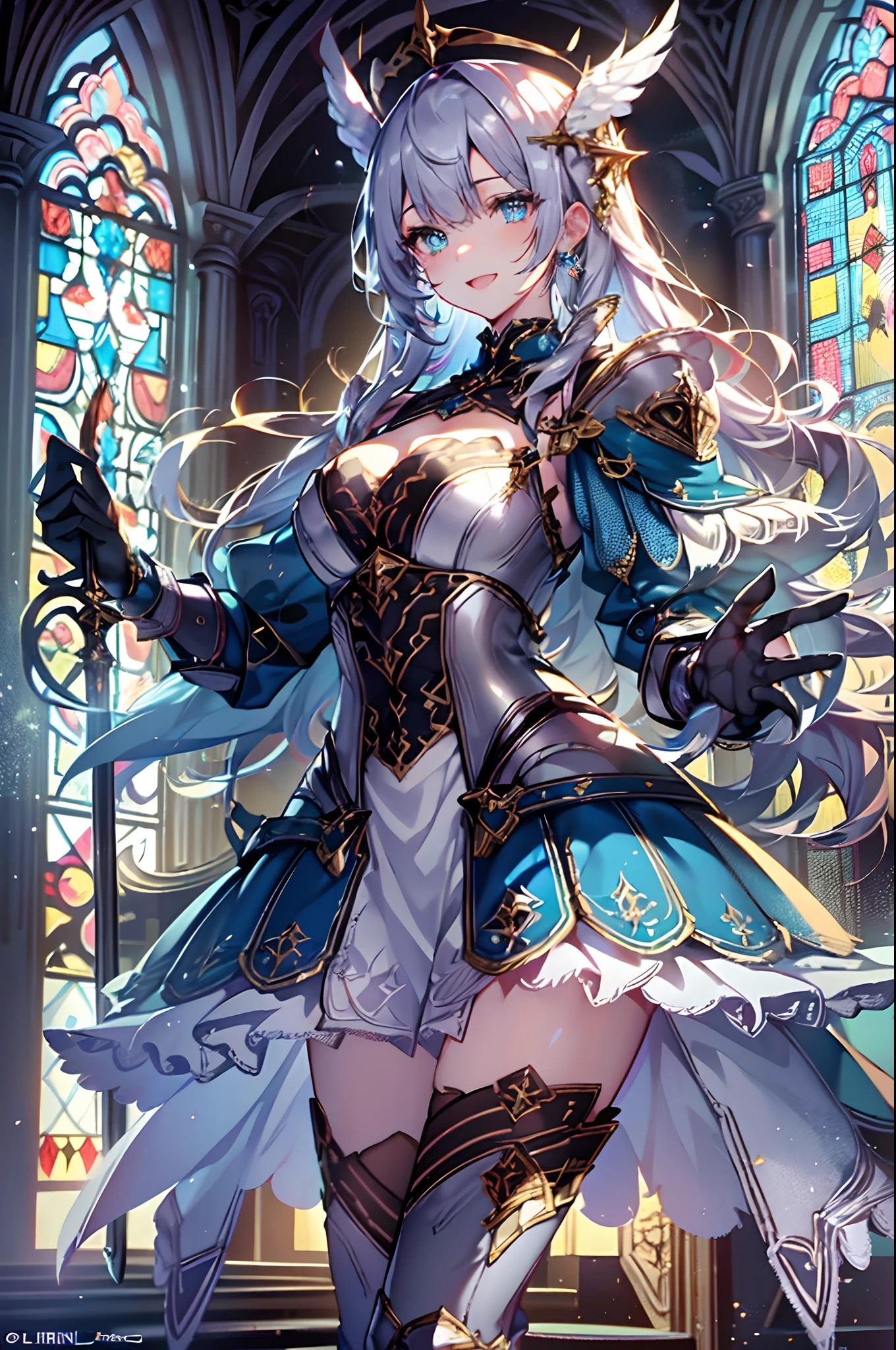 (Official art、Best Quality、Unity 8k Wallpapers、32K、masterpiece、ultra-detailliert、超A high resolution、The best illustrations、Very ridiculous:1.2)、(Cinematic lighting:1.2)、Fireglow effect、film grains、Best Shadows、Rim lighting、side lights、(Ultra-detailed and complex 3D rendering)、Detailed beautiful face and eyes、Sharp pupils、Realistic pupils、A slender、1Man Woman、Medium bust、(Full body:1.2)、 beauitful face、16-year-old beautiful girl、(super detailed skin、detailed skin textures:1.3)、(silver blond、Blue-silver hair:1.3)、Paladin、Longhaire、Blunt bangs、Green eyes、3 braids in 1 bunch、(Blue Armor、Blue Boots、Blue helmet、Jeweled、Gold embroidery)、A slender、a miniskirt、(thighs thighs thighs thighs:0.8)、(chies、in a house、Artistic stained glass、Large pipe organ、Hello Point、Mystical、a lot of feathers float、angelicales、Wings of an angel on the back、Particles of light、solemnity、Sunlight is、colourfull、Fantastical:1.2)、(Fantastical:1.3)、(Holding the Holy Sword:1.0)、Fantastical、Smile with open mouth