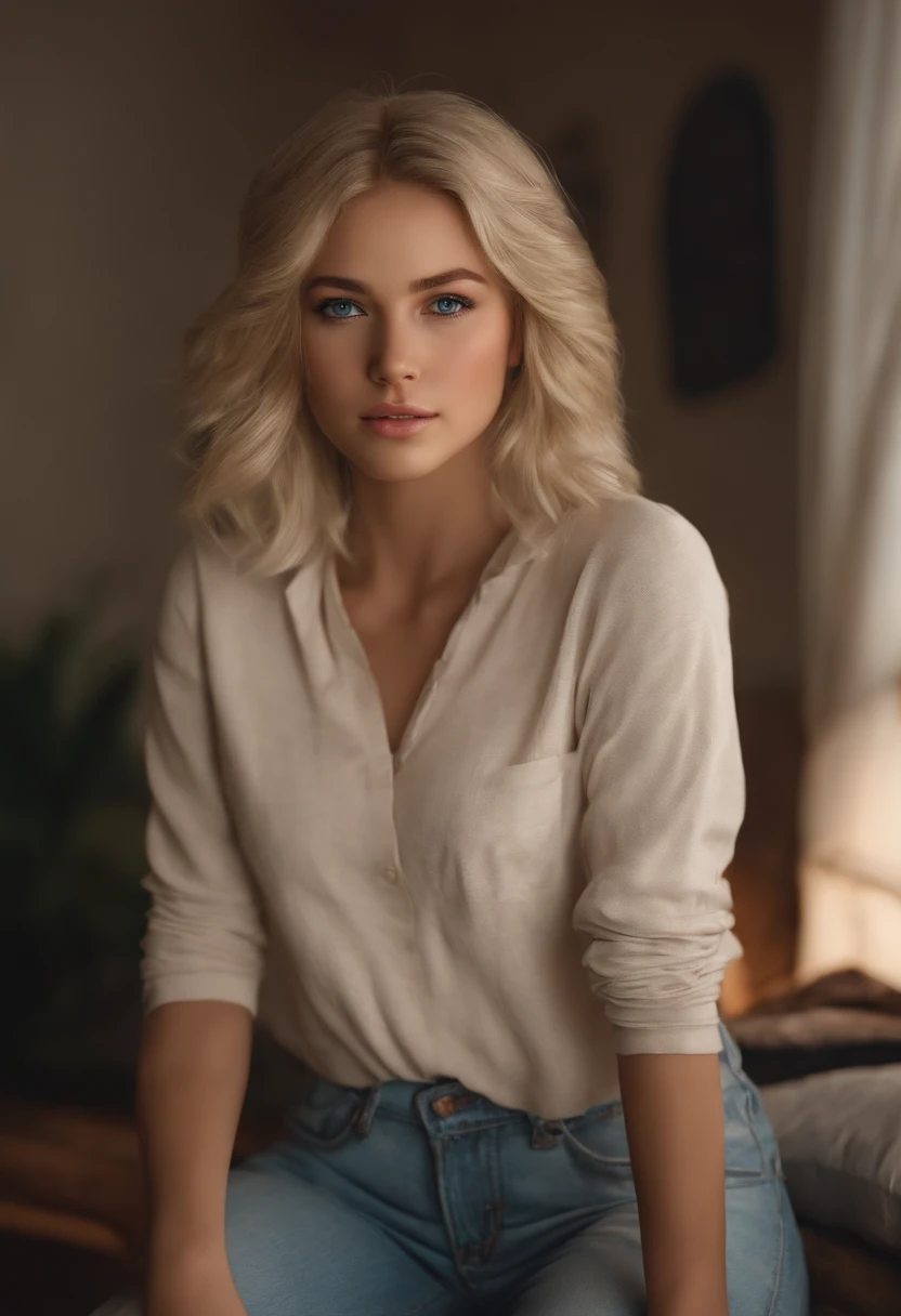 This beautiful girl named Madison, blue eyes, blonde short-medium blonde hair, wearing her casual clothes and stands in her room, super realistic, human