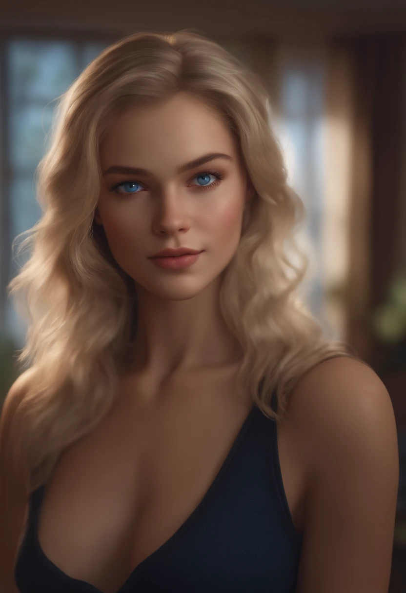 This beautiful girl named Madison, blue eyes, blonde short-medium blonde hair, wearing her casual clothes and stands in her room, super realistic, human