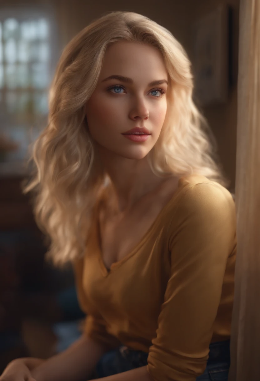 This beautiful girl named Madison, blue eyes, blonde short-medium blonde hair, wearing her casual clothes and stands in her room, super realistic, human