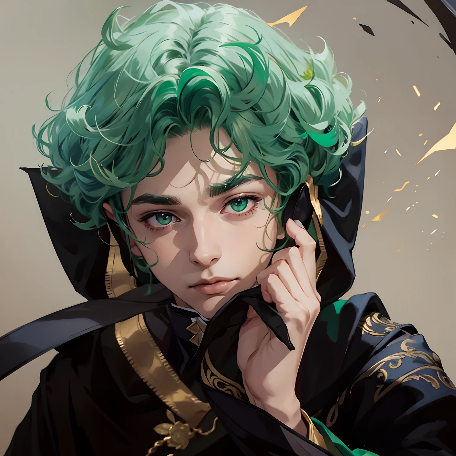 8k,HighestQuali,Premium,Master illustration,1 man,Green curls,green pupills,Golden-green robes,Charismatic,beautiful hand,Holding his face