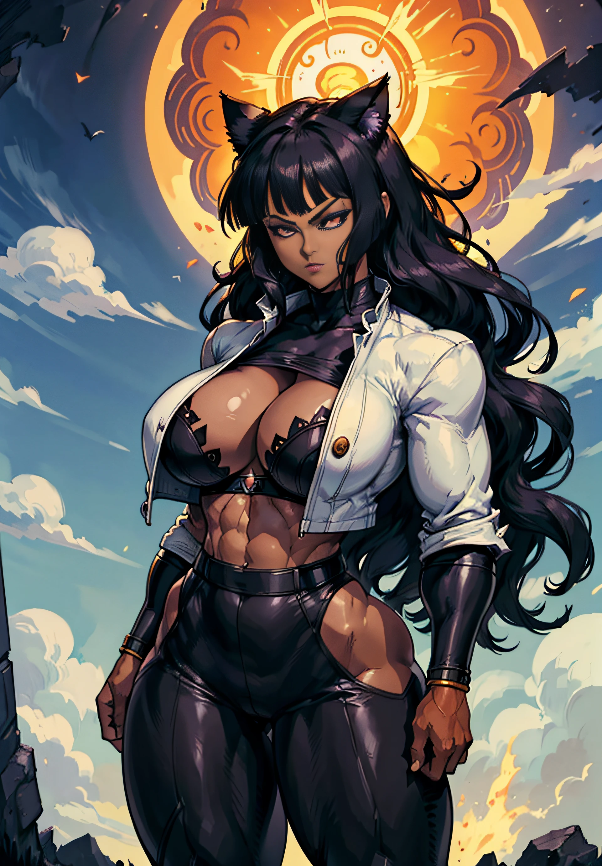 (masterpiece, best quality), close up, overhead view, cowboy shot, Anime style, detailed, sexy Blake, highly detailed, intricate, professional art, digital art, 20k, blake belladonna (dark-skin:1.7), portrait, sexy woman, (dragonball complex background:1.35), namek, big ass, black hair, long hair, blunt bangs, lipstick, (purple makeup:1.1), black eyeshadow, detailed hair, ultra detailed face, big eyes, ((cat ears)), anime eyes, (yellow irises: 1.1), detailed eyes, perfect face, (african woman: 1.7), (very dark-skinned female: 1.7), (tail:0), (japanese clothes:0.6), (hip vent:0.9), (bridal gauntlets:1.1), shrug (clothing), (slightly transparent clothes:1.2), (young female, :1.1), Large Breasts, cleavage, (fit body: 1.1) Black and white outfit. White jacket. Tight black pants, thong, Black laced bra. Solo