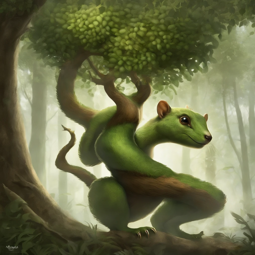 The Curupira is a fascinating creature from Brazilian folklore, known for its mischievous nature and its fierce protectiveness of the forest and its wildlife. It appears as a small, humanoid figure with vibrant, emerald-green skin that blends seamlessly with the lush foliage of the forest. Its eyes, a brilliant shade of gold, gleam with intelligence and curiosity.

This creature has wild, unruly hair made of leaves and vines, forming a natural crown atop its head. Its ears are pointed and elf-like, allowing it to hear even the faintest sounds of the forest. The Curupira's most distinctive feature is its feet, which are turned backward to confuse and mislead anyone trying to follow its tracks. Its feet appear rough, resembling tree bark, allowing it to blend in seamlessly with the forest floor.

The Curupira is often depicted bare-chested, showcasing its muscular yet lean physique. It carries a small bow made from sturdy branches and strings crafted from vines, and a quiver of arrows made from sharpened twigs and leaves. Its nimble fingers expertly handle its bow and arrows, displaying its prowess as a skilled archer.

With a mischievous grin on its face, the Curupira moves through the forest with unmatched agility, leaping effortlessly from tree to tree. It has an innate connection with the animals of the forest, often accompanied by a playful group of birds and squirrels that follow it wherever it goes. Its laughter, akin to the rustling of leaves and the chirping of birds, echoes through the trees, adding to the mystery and enchantment surrounding this magical guardian of the forest.