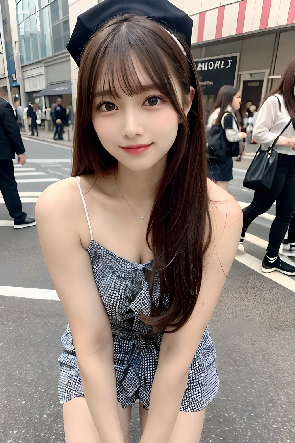 hight resolution, top-quality, Perfect dynamic composition, Beautiful detailed eyes, off shoulders、Radiant hair、Medium Hair, Natural Color Lip, college aged、Harajuku、A slight smil、Crouched figure、M-shaped legs