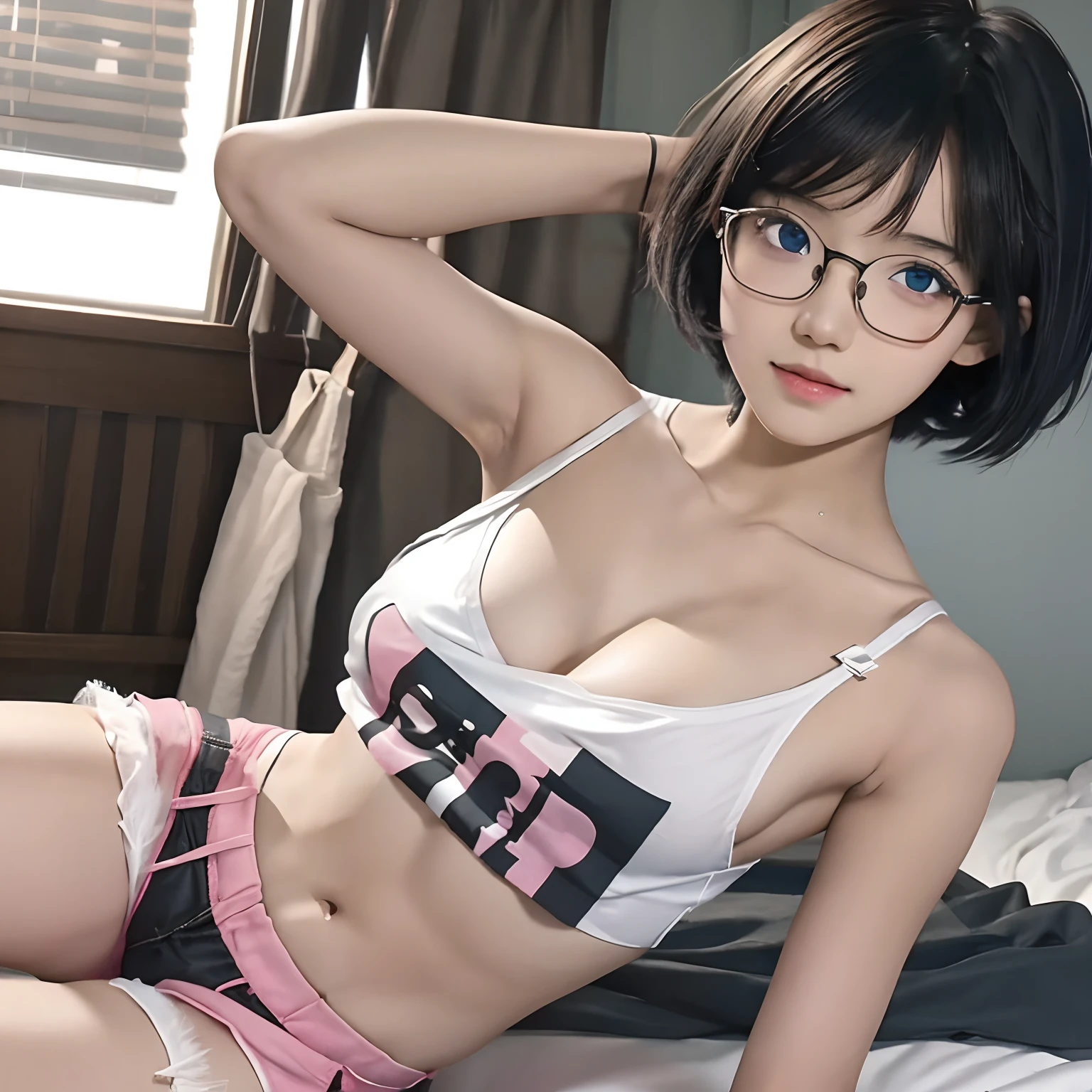 1 girl, solo,  cute girl with black short anime hair and bangs, she is in eyeglasses, transparent white casual camisole, no bra, tits, tiny breast, pink shorts, petite body, see through, her white skin bright, beautiful blue eyes, elegant, bedroom, 8k detailed high quality, semi-realistic anime art, lying, lying on bed, bright lighting,