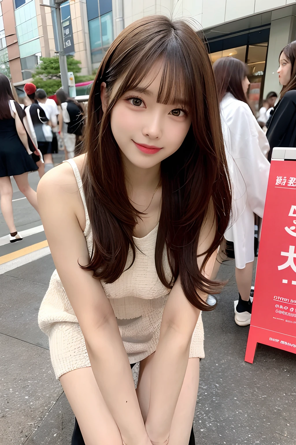 hight resolution, top-quality, Perfect dynamic composition, Beautiful detailed eyes, off shoulders、Radiant hair、Medium Hair, Natural Color Lip, college aged、Harajuku、A slight smil、Crouched figure、M-shaped legs
