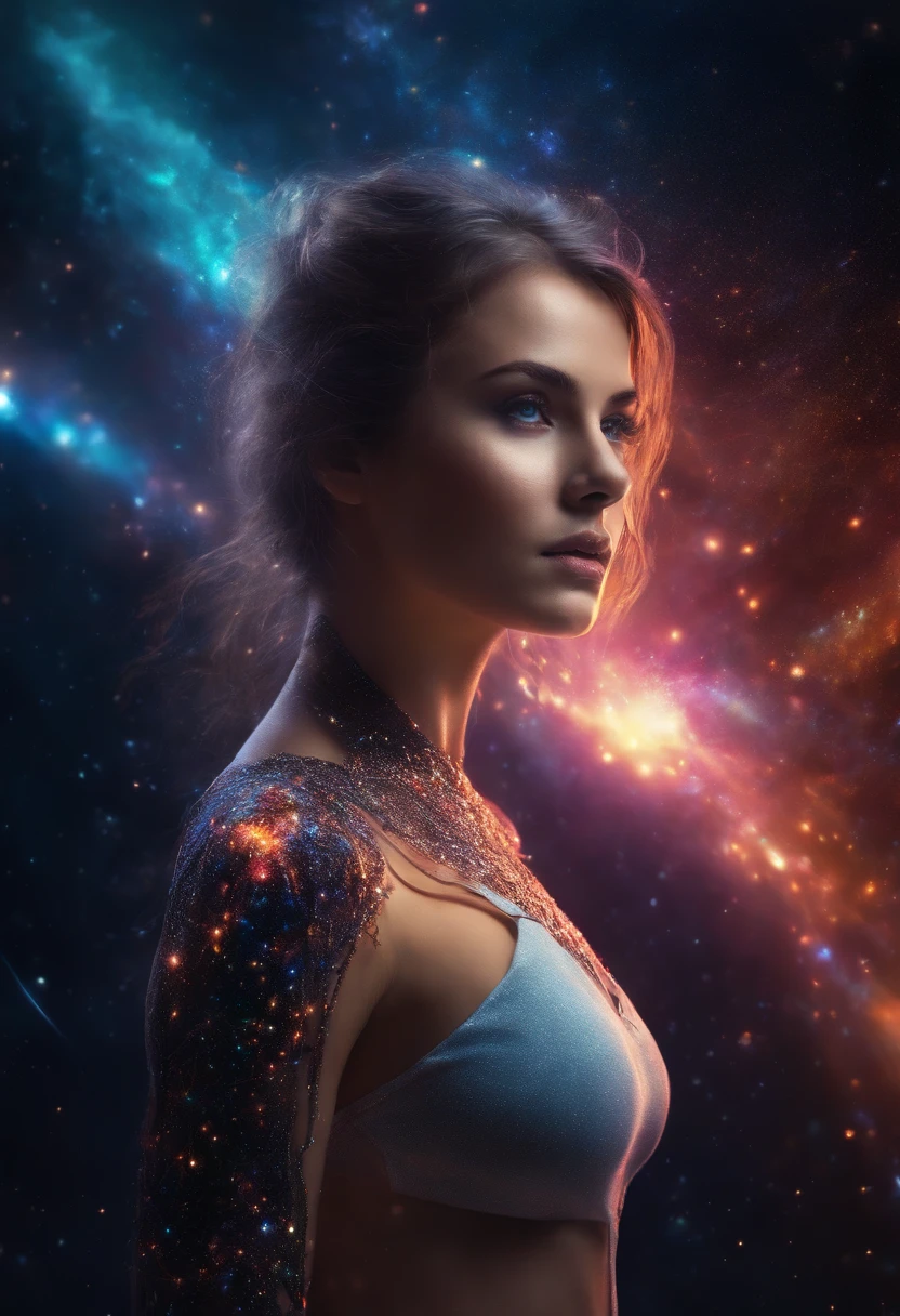 girl nudes cosmic, bright light eyes, Biomechanics, strange, scary, Nightmare, very bright colors, particles of lights, with bright light, Mshiff, Wallpaper art, UHD wallpaper