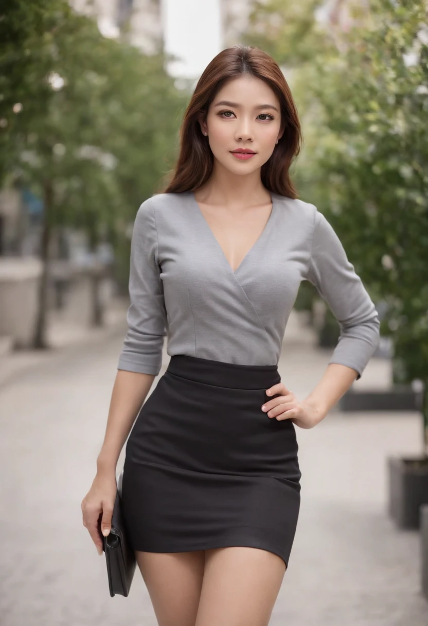 arafed woman in a black top and a gray thigh length tight skirt, office clothes, business clothes, wearing business casual dress, grey skirt, elegant clothes, high-waist-Gray-skirt, business outfit, casual business outfit, japanese women's fashion model, sophisticated dress, skinny waist and slim hips, enthusiastically doing her job, Petite small breasts