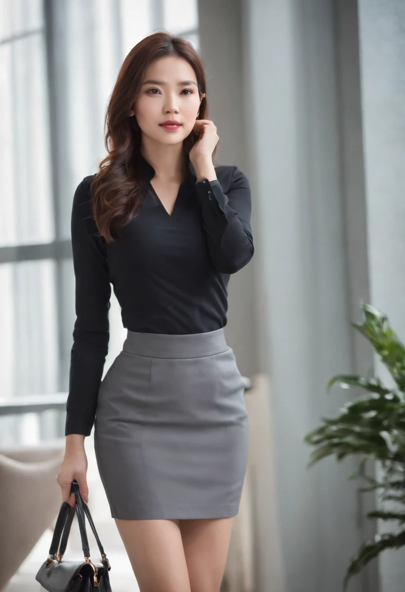 arafed woman in a black top and a gray thigh length tight skirt, office clothes, business clothes, wearing business casual dress, grey skirt, elegant clothes, high-waist-Gray-skirt, business outfit, casual business outfit, japanese women's fashion model, sophisticated dress, skinny waist and slim hips, enthusiastically doing her job, Petite small breasts