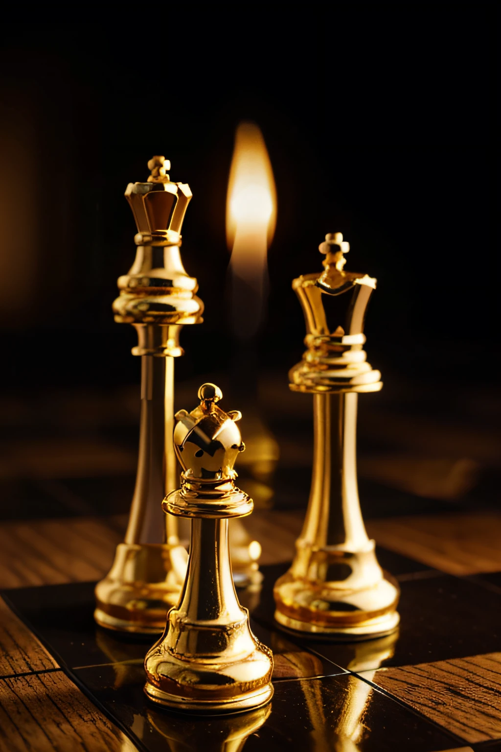 I want 5 images of chess pieces in gold color and black color in a dark setting