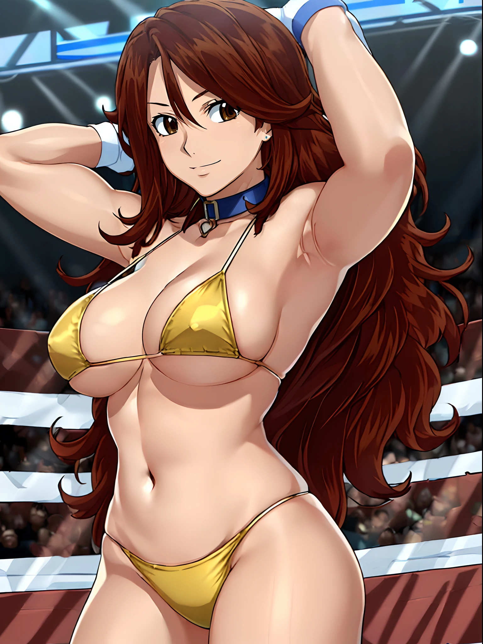 hug, Elegant lady, (upper body only), anime style: 1.8, anime drawing, ultra detailed face, ultra detailed body, 4k, Sumergai Lee Noriega, (standing), best quality, anime style, hires, highest definition, digital blending, bold drawing lines, ((wwe diva), (location: wrestling arena, crowds watching), ( slim body, (little biceps), , off-shoulders, closed fists, (curvy: 2.8)), ((g-string bikini, only, white gloves, collar, armpit protector, chaps)), victorious, winner, gentle, (pale skin, shiny skin, very big breasts, smile), (big eyes, brown eyes), (clapping), (brown hair, loose hair, curly hair, wavy hair, long hair, missy hair), 27 years old,