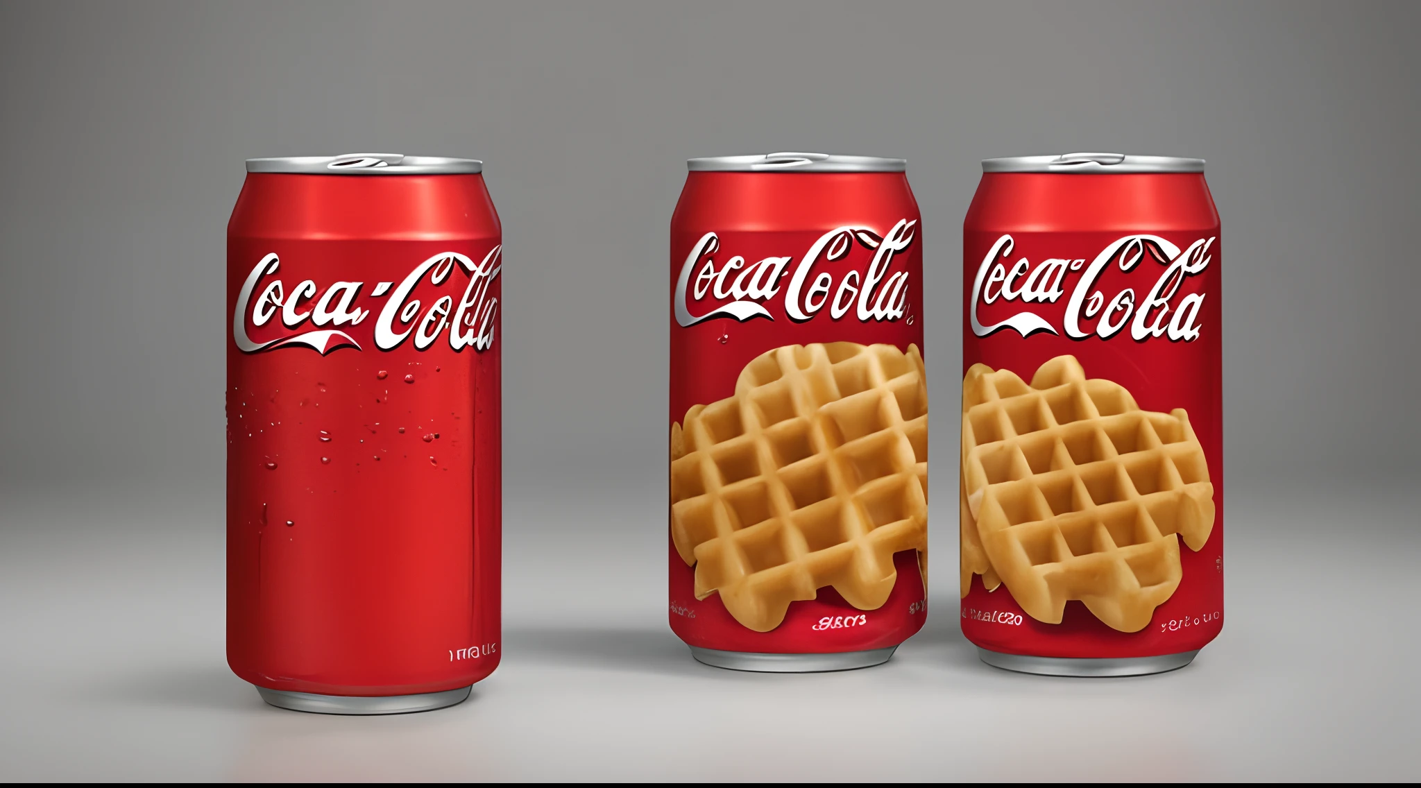 Create an enticing, high-resolution image of a 12-ounce Coca-Cola can with a distinctive 'Waffle Flavor' label. The can should be positioned at a slight angle, showing off its iconic red color and classic contoured design. The label should prominently feature the 'Coca-Cola' logo in white lettering, with 'Waffle Flavor' written in a bold, appetizing font just below it. The label should also incorporate mouthwatering images of golden, crispy waffles with a hint of maple syrup drizzle. The background should be well-lit, enhancing the overall presentation of the can. Make sure to capture the texture of the can's surface and the droplets of condensation, signifying a refreshing and cold beverage. The image should exude a sense of nostalgia and delicious anticipation, making it an ideal choice for promoting this unique flavor of Coca-Cola."