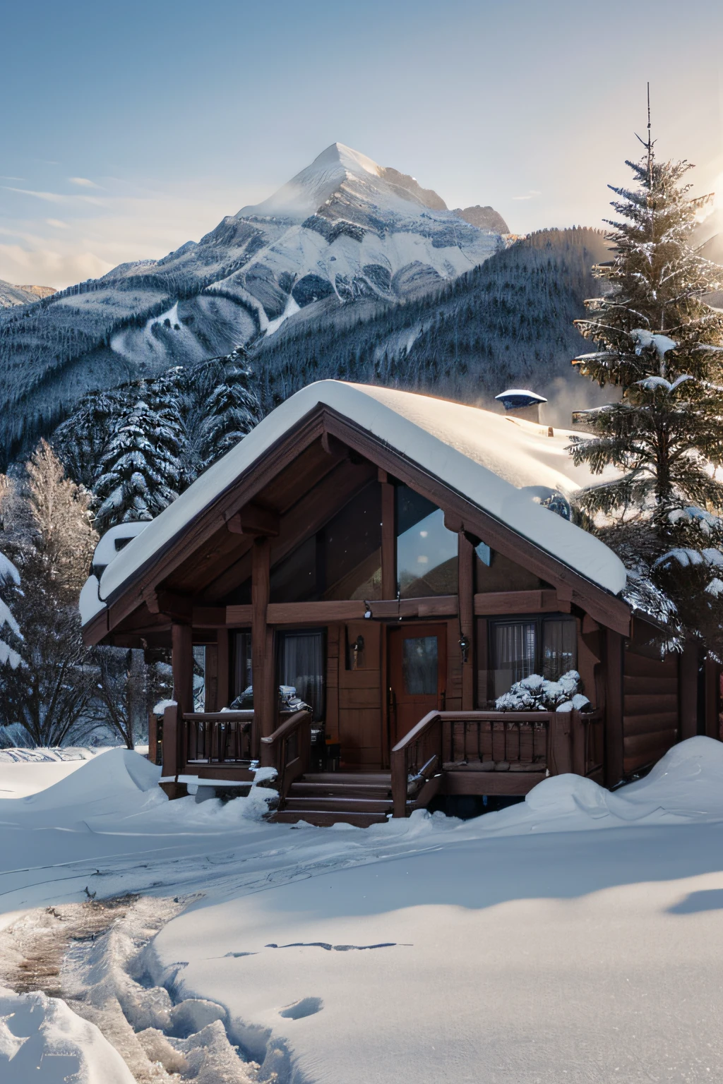 Create a house in the mountains in the background a tall mountain with the tip full of snow at dawn time with many trees around