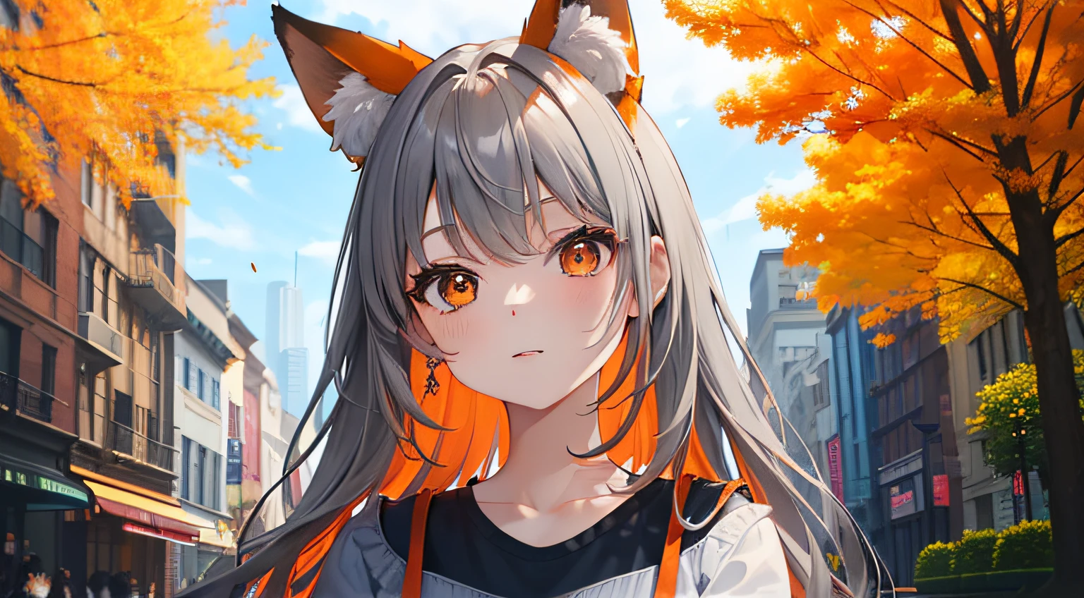 (Masterpiece, Best Quality, extra high resolution, a gorgeous),1girl,Casual outfit,in park,red head, Fox ears,Beautiful and detailed face, A detailed eye,((gray in color,Orange & blue theme))