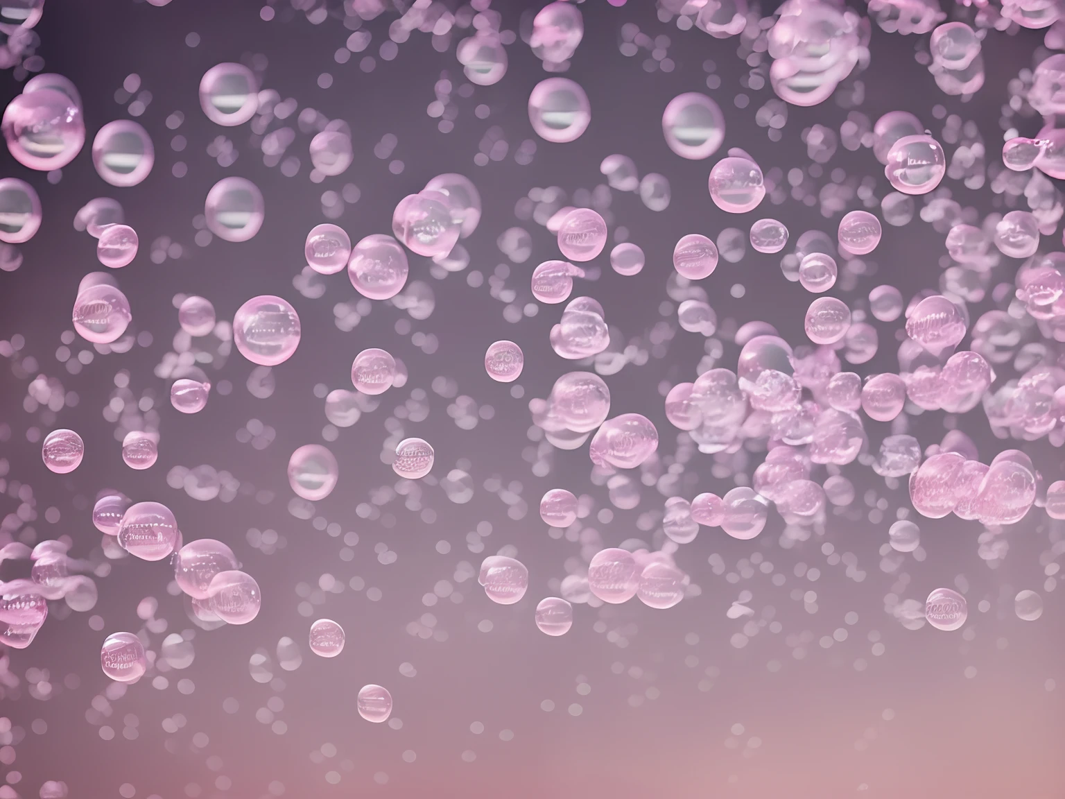 ((close up of hundreds of pink coloured bubbles floating through the air)), greyscale background