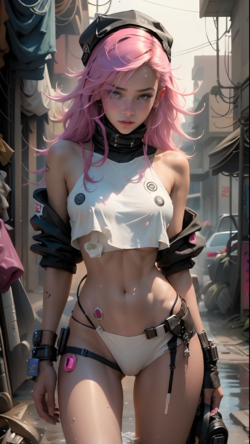 Beauty in the hair,wearing hat,Cyberpunk-inspired short outfits,Naked body,barechested,The kinky is exposed ,an female genital organs,Dewy,Water spray on the lower body,Liquid milk,A lot of damp ones