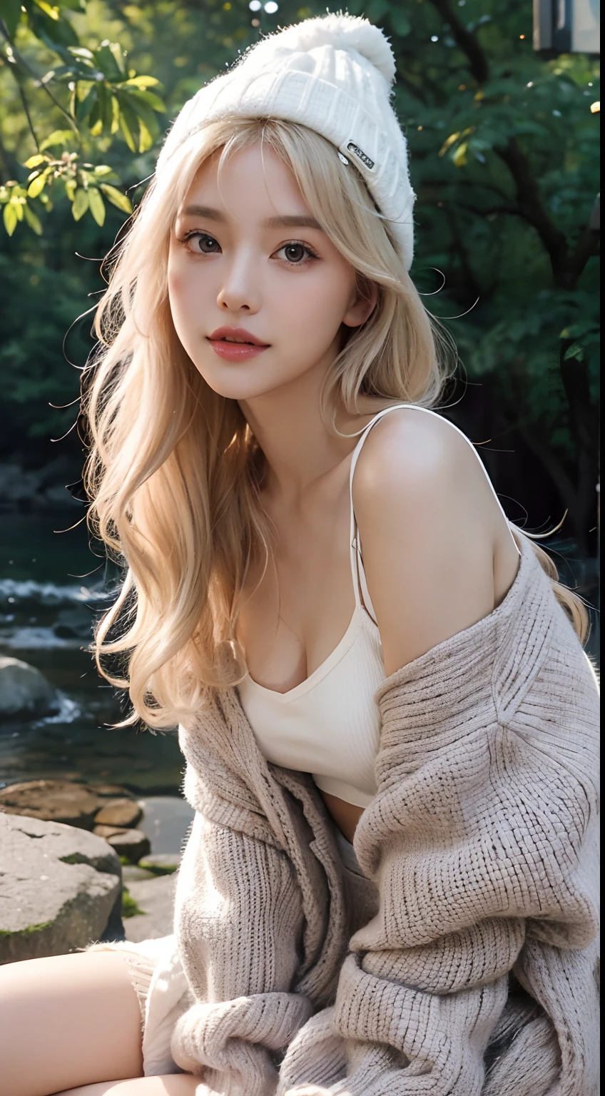 fullbody(8K, 4K, Best quality, A high resolution:1.2), (marsterpiece, Realistic, photograph realistic:1.37), 1girll, Solo, Beautiful face, eyeslashes, nase, Glossy lips, (Detailed eyes, view the viewer, Fair skin, White skin:1.5), fine complexion, Upper body, skin texture, small face moles,
Large breasts, Busty, , (:1.5),
Outdoor, two sides up, Absurdly long hair, Blonde hair, Pink hair, bangs, hair adornments, bow,
Younger, aged down,Abs，1girl, platinum blonde curly hair, full body, stpeach body, Emiru smile, amazing proportions, (pokimane), @reptilebear, 1girl in, Sitting on a comft bed, one's legs,Soft light,photorealistic, best quality, hyper detailed, beautiful woman, selfie photo, upper body, solo, wearing pullover, outdoors, (night), mountains, real life nature, stars, moon, (cheerful, happy), sleeping bag, gloves, sweater, beanie, flashlight, forest, rocks, river, wood, smoke, fog, clear sky, analog style, looking at viewer, skin texture, film grain, close up, ultra high res, best shadow, RAW, instagram LUT