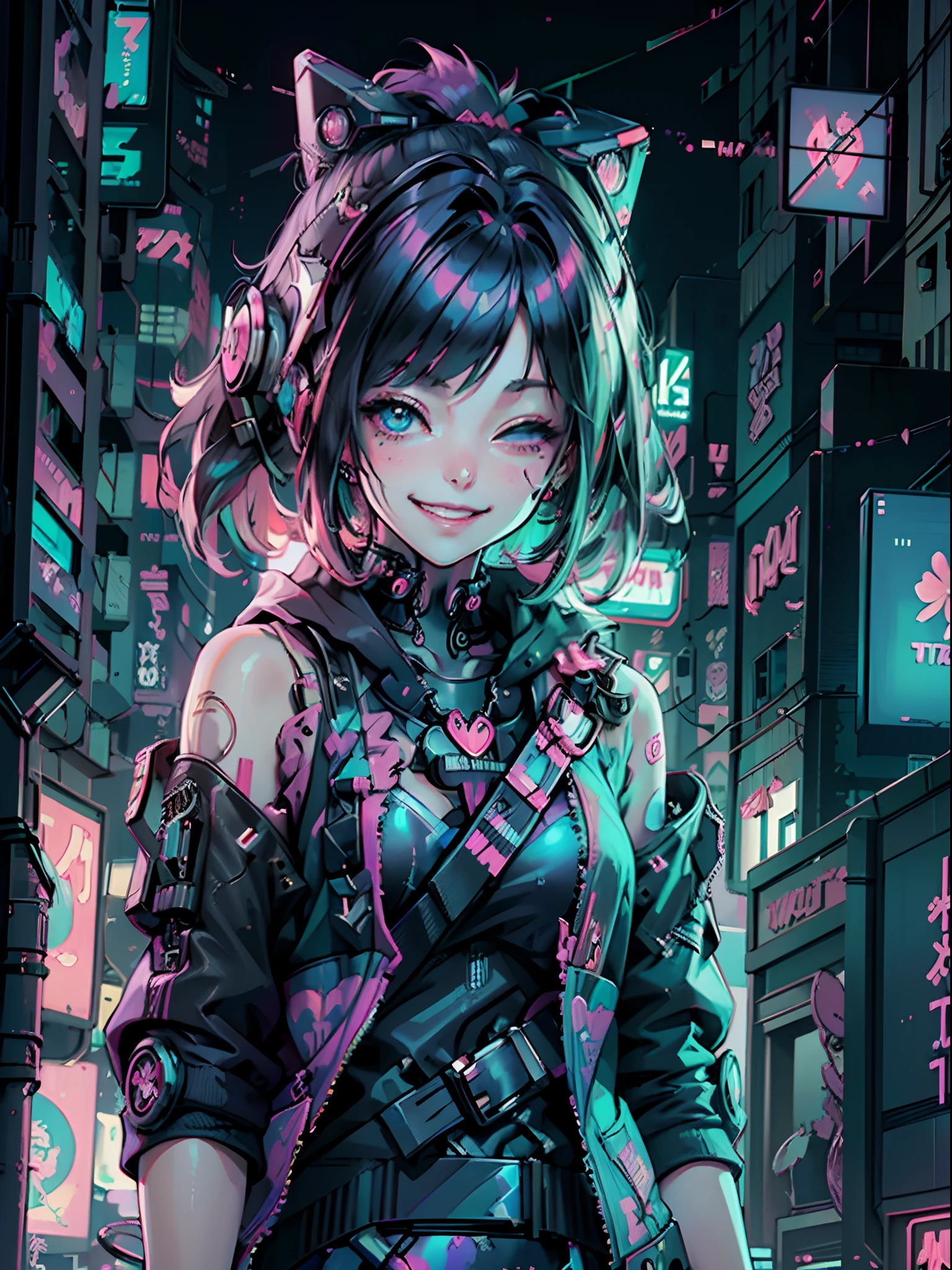 Oil painting of a (((Cyberpunk girl))), plumeria (((Harajuku design clothing))), upper body centered, multi-color hair, 1 eye closed, big happy smile.