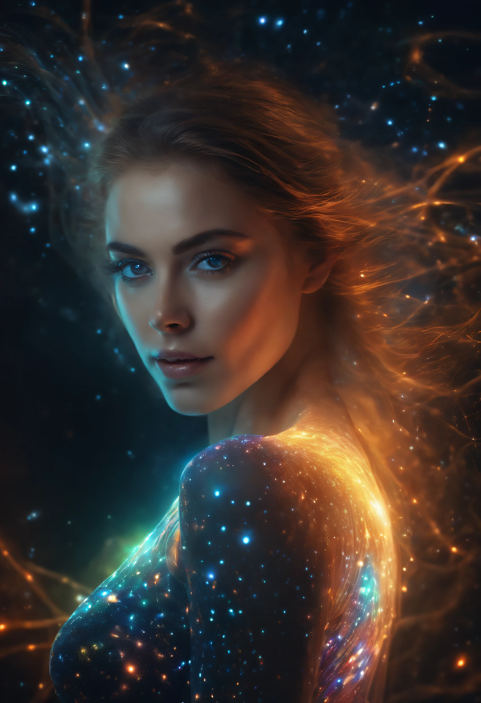 girl nudes cosmic, bright light eyes, Biomechanics, strange, scary, Nightmare, very bright colors, particles of lights, with bright light, Mshiff, Wallpaper art, UHD wallpaper