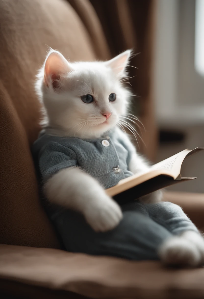 there is a cat on it, a cute little cat, The cutest kitten in history, Very beautiful and cute girl cat, Lewd and excited white cat, a cute little cat, Intelligent cat, an anthro cat, funny cat, cute kittens, And a sad cat. They read books on the couch、Sitting on a chair. They are relaxing after a hard day. They are wearing pajamas.