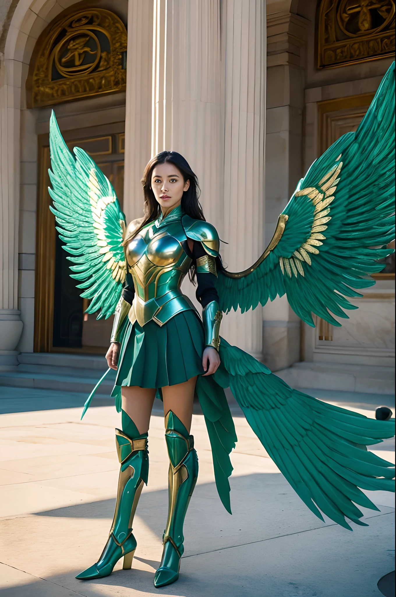 an image of an cute gorgeous female angel standing in front of a building, glowing Face,trending on Artstation, metallic green armor, the god anubis, exquisite and gorgeous wings, ig model | artgerm, donald trump as a knight, amazing wallpaper, blue armor, ophanim has bird wings, guardian of the holy lake, still from loki ( 2 0 2 1 ), winged, teal ethereal tendril wings