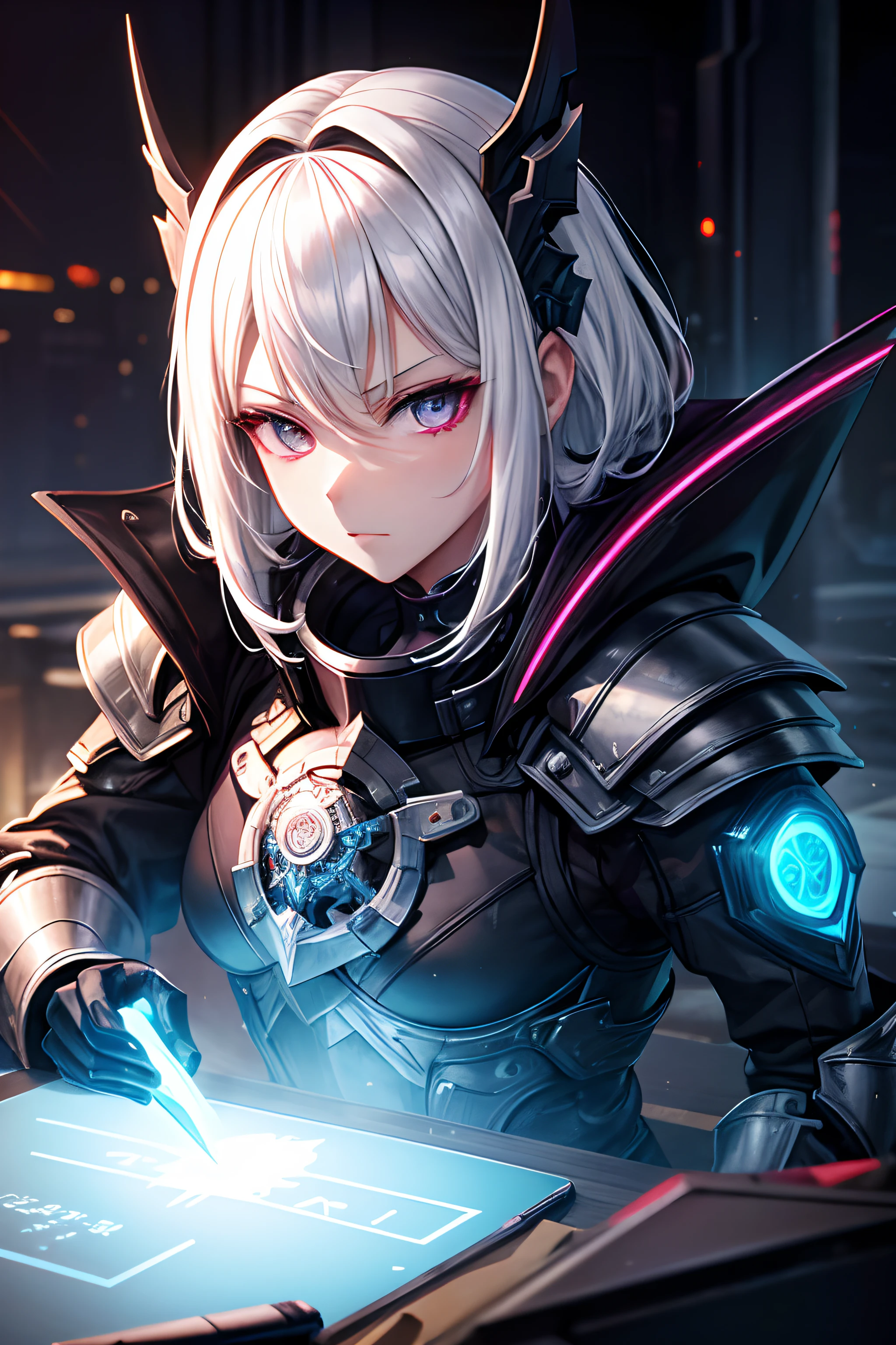 1Mann, Gesicht, White hair, Black Dragon Armor, Maske, Rote Augen, High Quality, super detailliert, Super Heilige Armor, Vorderseite, Helles Bild, Vorderseite, 4 Drachenflügel, mehr vorne, Black Armor, Roter-Kupfer Verzierung, Cyberpunk, Neon, Metallisch
