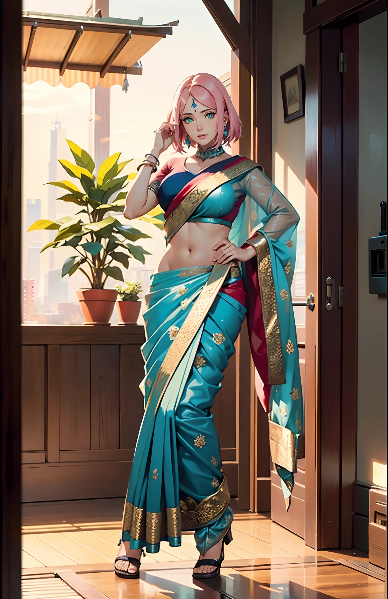 Big tits, ((wearing indian only blue saree)) , ((saree covering full body)), (blue saree)  fullbody, good anatomy, masterpiece, best quality, 4k, 8k, professional photography, soft light, sharp focus, 1 girl, sakura haruno, pink hair, parted banks, detailed face+green eyes, open lips, lipstick,  boobs show,    boobs show,   ass show, from behind, ((hands on blouse)), sitting on bed