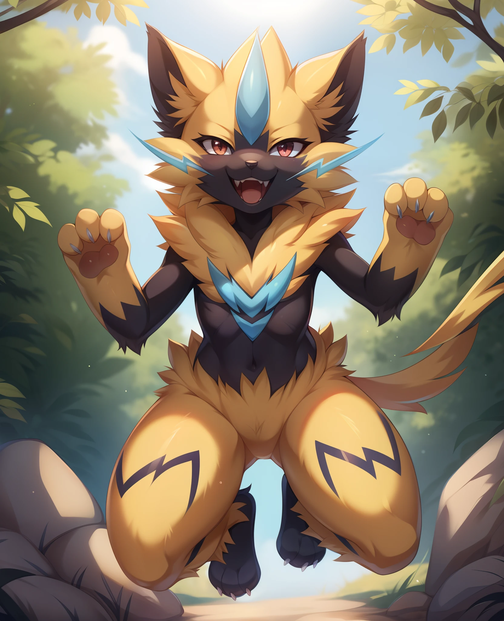 Zeraora, Pokémon, solo, by fumiko, by hyattlen, female, naked, outdoors, cute, front view, pouncing, jumping towards viewer, excited face, jumping on viewer