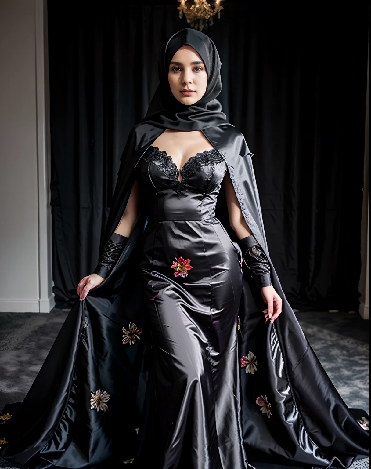 there is a woman in a black dress standing in a room, with a long black cape, flower pattern satin hijab, flower pattern satin hijab, modest flowing gown, flowing black gown, wearing black clothes and cape, sexy pose, breast to front