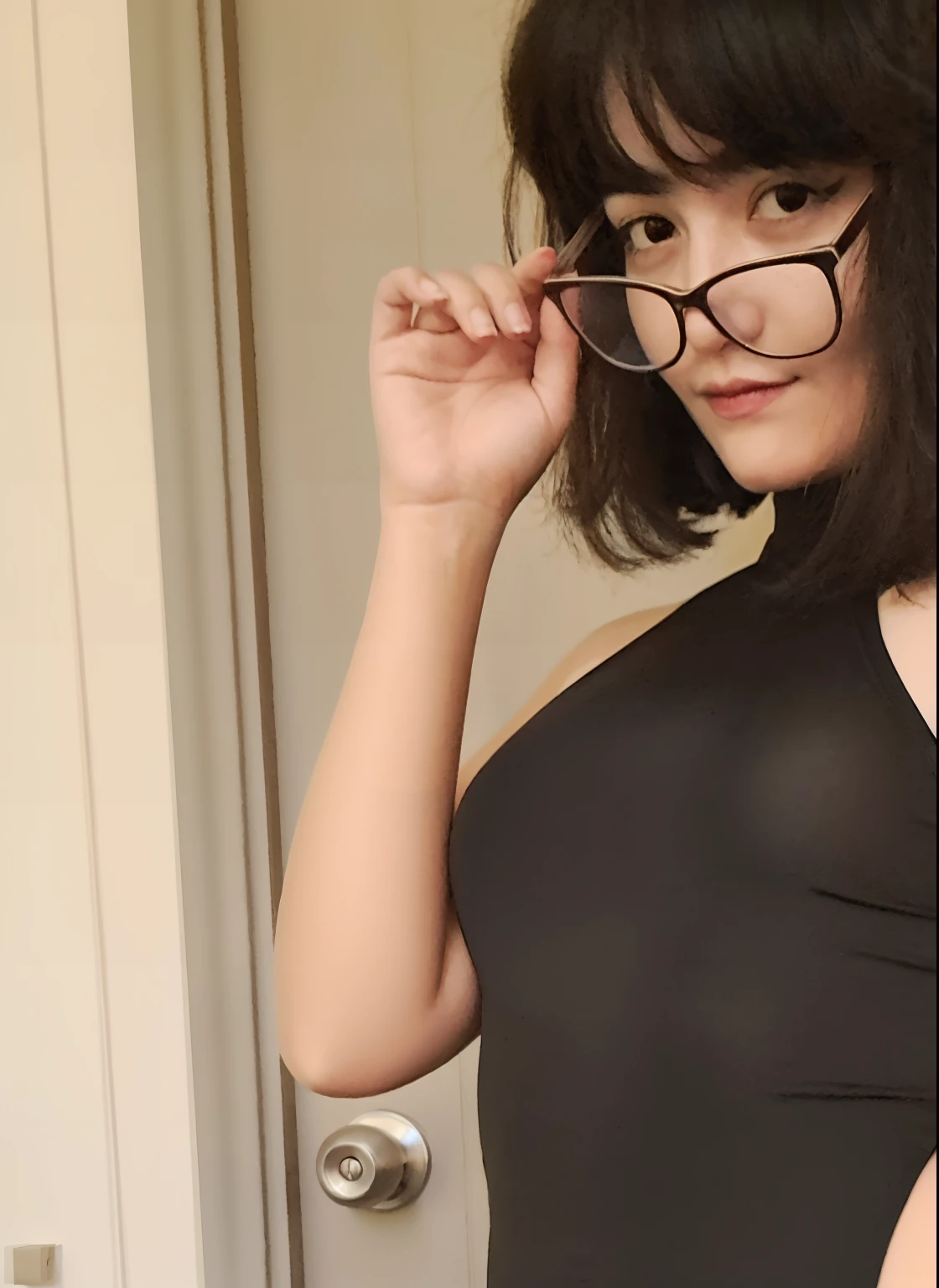 arafed asian woman in a black swimsuit and glasses posing for a picture, black top, tight black tanktop, sexy :8, revealing clothes, sie boob, 1 8 yo, top half of body, sexy body, wearing a black bodysuit, thick neck, close up half body shot, thicc, upper body close up