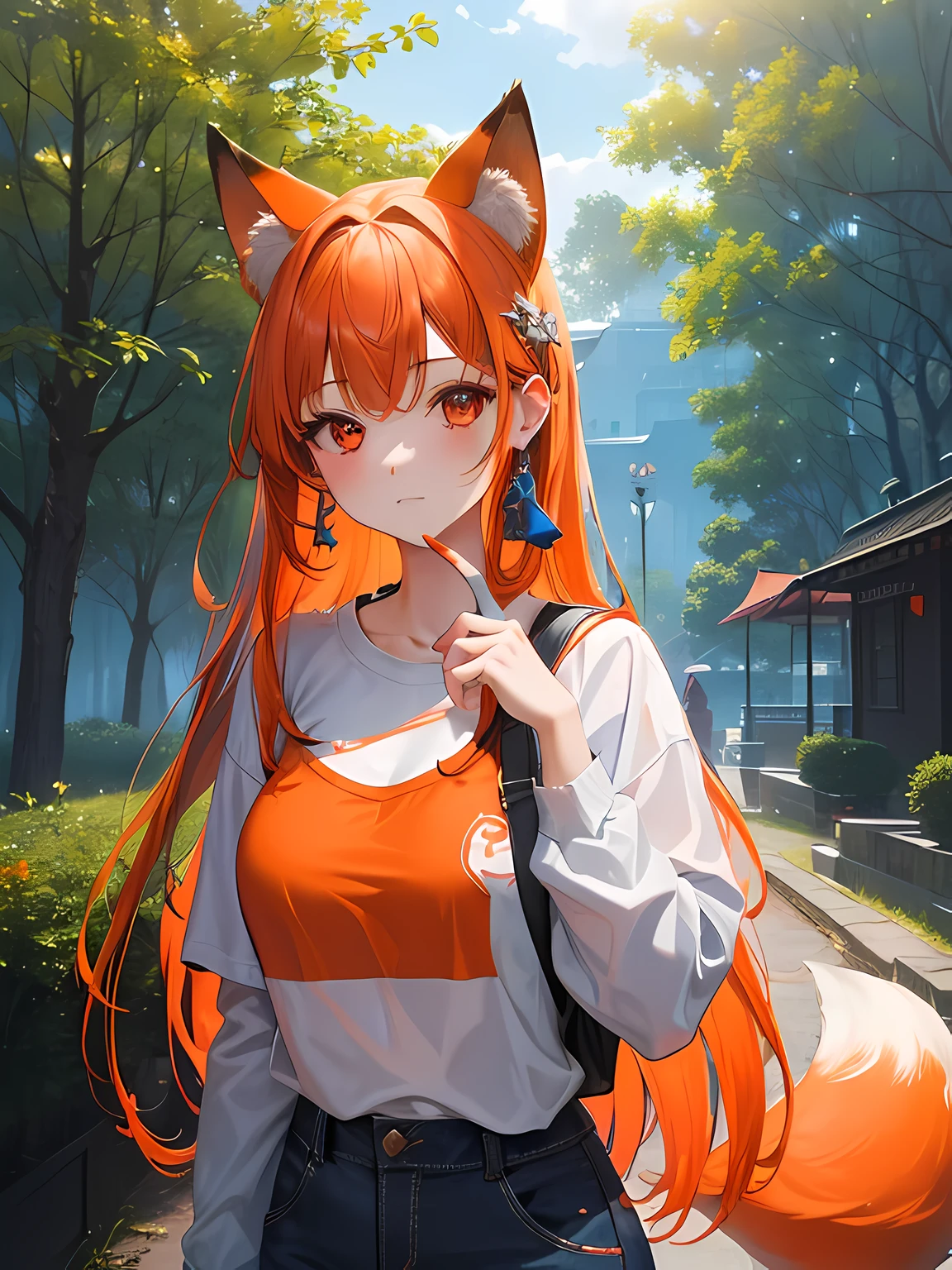 (Masterpiece, Best Quality, extra high resolution, a gorgeous),1girl,Casual outfit,in park,red head, Fox ears,Beautiful and detailed face, A detailed eye,((gray in color,Orange & Blue Theme))